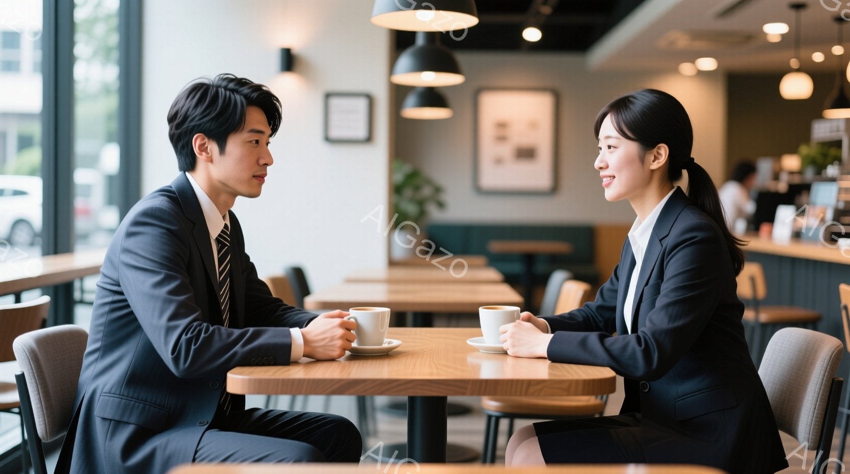 ビジネススーツを着た男女がカフェで向かい合って座っており、それぞれコーヒーカップを持っている。男性はダークカラーのスーツにネクタイを締め、女性は黒いスーツに髪を後ろでまとめている。背景にはカフェのカウ - AI生成フリー素材