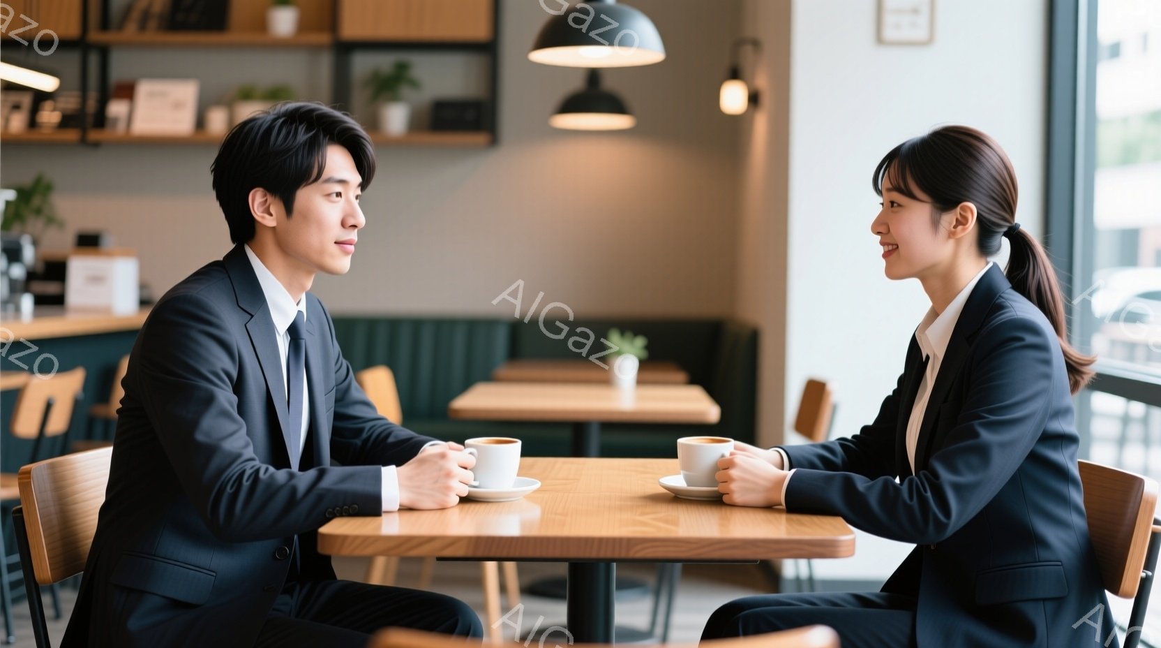 ビジネススーツを着た男女がカフェで向かい合って座り、コーヒーを手にしている。男性は濃い眉と少し微笑んだ表情で、女性は明るい笑顔を見せ、互いに目を合わせている。カフェの背景には、緑のソファ席、木製のテー - AI生成フリー素材