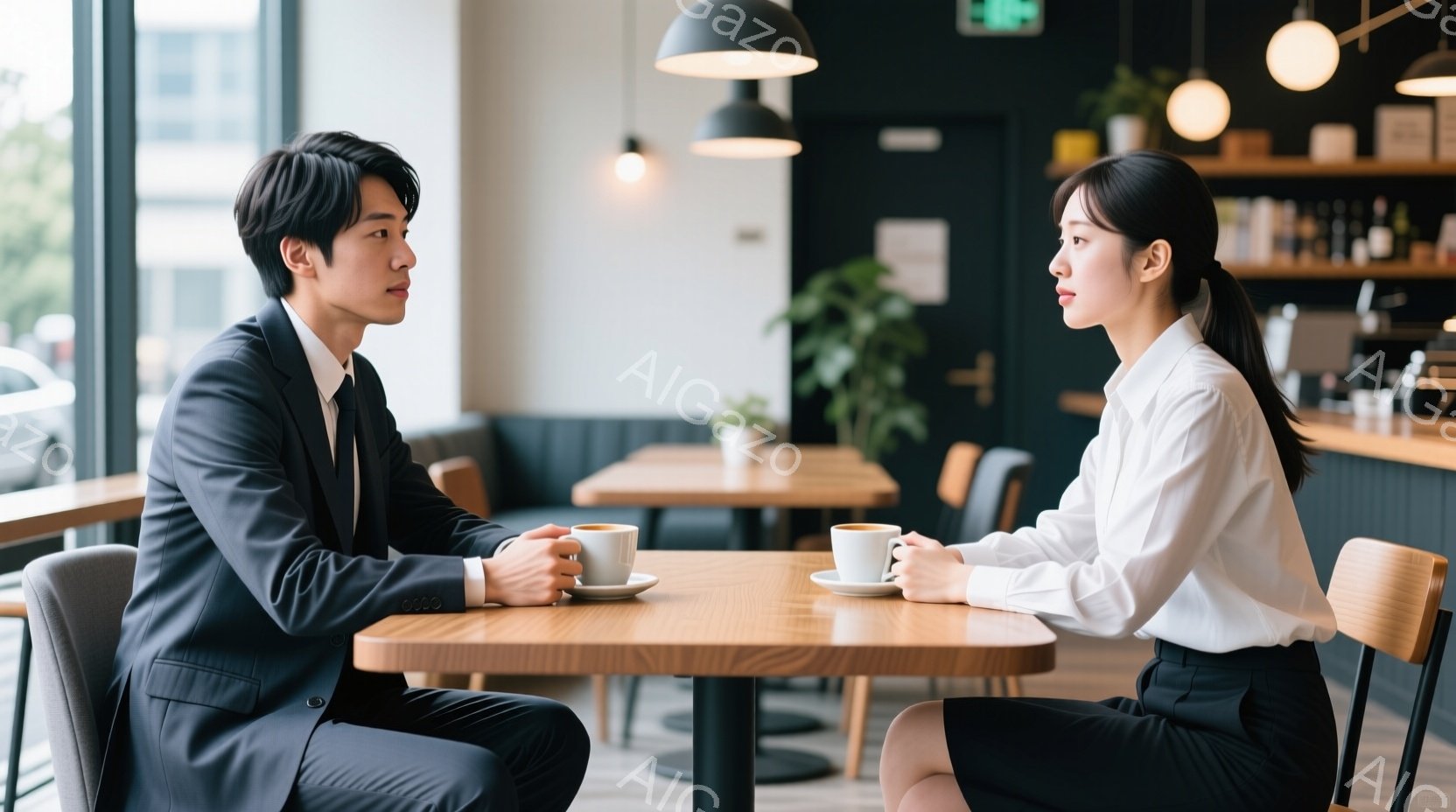 紺色のスーツを着た男性と白いシャツに黒いスカートを着用した女性が、木のテーブルを挟んで向かい合って座っています。二人はコーヒーカップを手に持ち、穏やかな表情で会話をしているように見えます。背景には、カ - AI生成フリー素材
