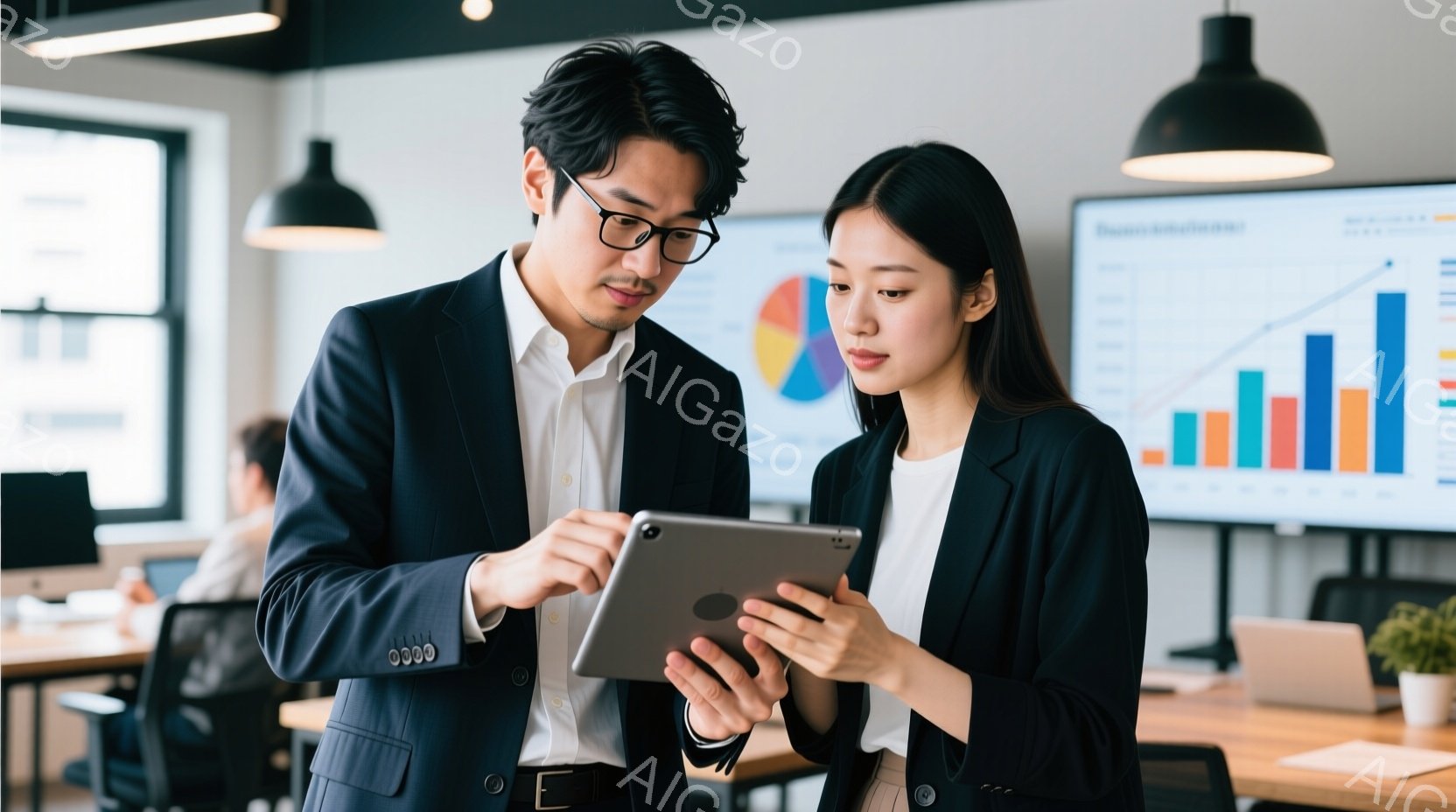 ビジネスシーンの男女が写っている。男性は眼鏡をかけ、スーツに白シャツ姿でタブレットを指して何かを説明しており、女性は黒いジャケットと白いトップスを着用し、タブレットを見つめながらも少し疑問そうな表情をしている。背景には、グラフが表示された大きなモニターやオフィス家具があり、モダンで明るい雰囲気のオフィス空間であることがわかる。