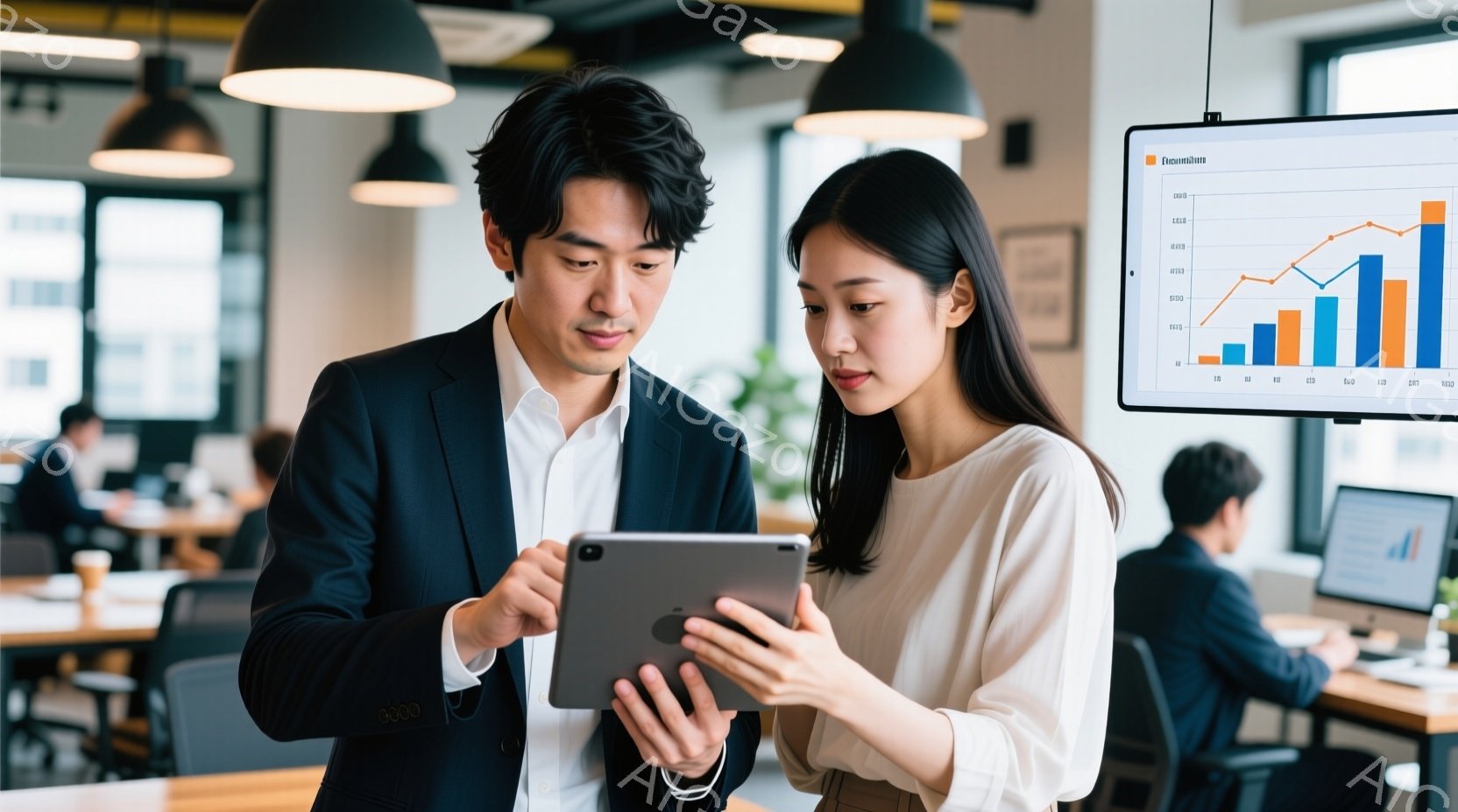 2人のビジネスパーソンがタブレットを覗き込んでいます。男性は濃い紺色のスーツを着用し、ダークブラウンの髪を短く整えています。女性はオフホワイトのブラウスを着ており、長い黒髪を後ろに流しています。背景にはオフィスらしき空間が広がり、他の従業員やモニターにグラフが表示されています。