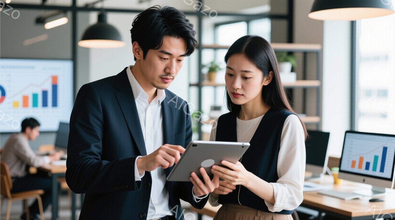 男性と女性のビジネス会社内で、データ分析をしているような様子です。彼らは仕事服を着用し、注意深い表情をしており、文字やグラフを見ながら討論しています。背景には他の従業員が勤務しているオフィスがあり、現代的でプロフェッショナルな雰囲気を感じます。