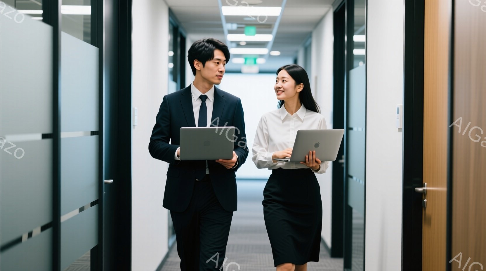 スーツ姿の男女が廊下を歩いている。男性は濃い紺色のスーツにネクタイを締め、女性は白いブラウスに黒のスカートを合わせている。二人はノートパソコンを持ち、やや前を見ながら歩いており、全体的にビジネスライク - AI生成フリー素材