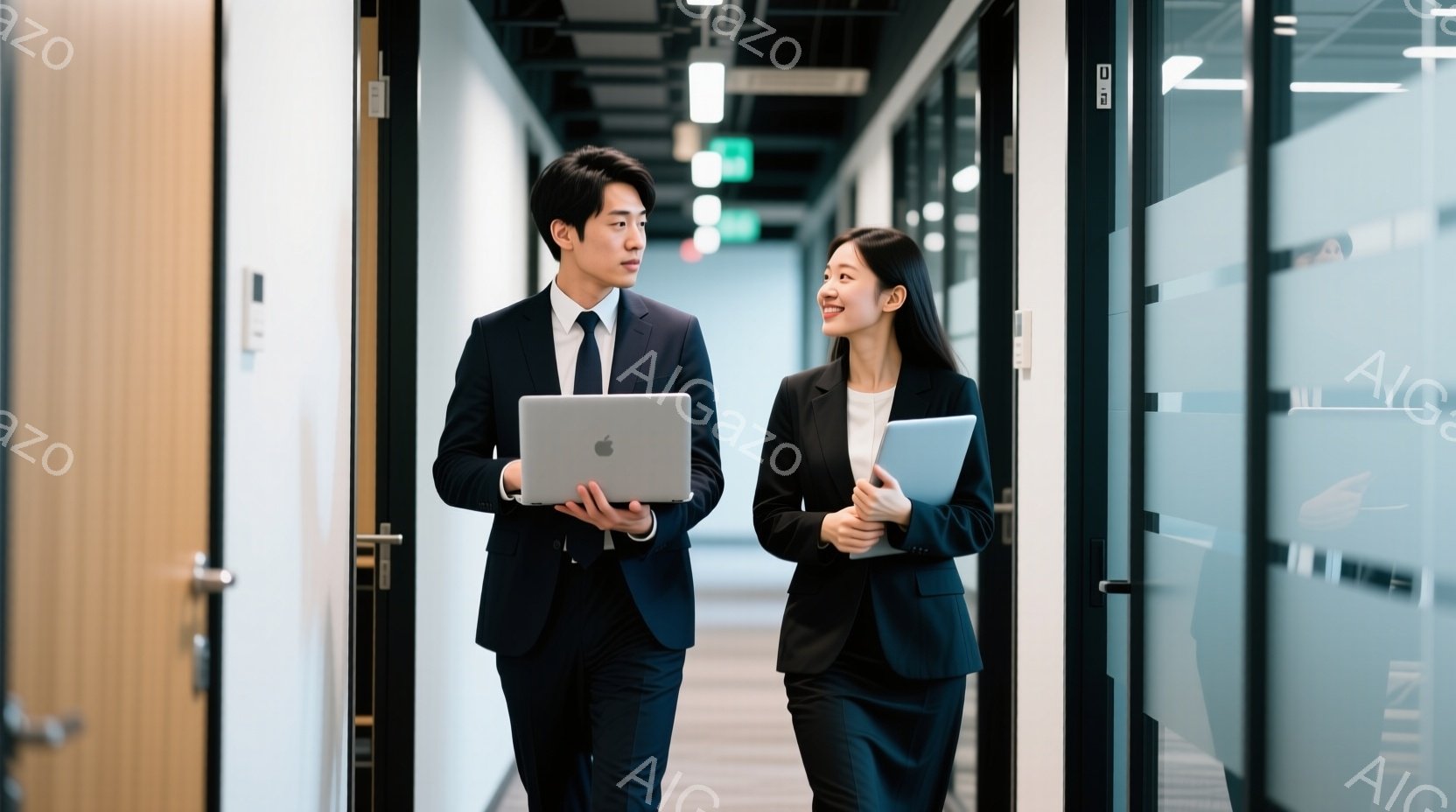 オフィス空間を歩いている若いビジネスマンと女性が写っています。男性はスーツとネクタイを着用し、手にノートパソコンを持っています。女性は黒いスーツを着て、タブレットを手に微笑んでいます。 - AI生成フリー素材
