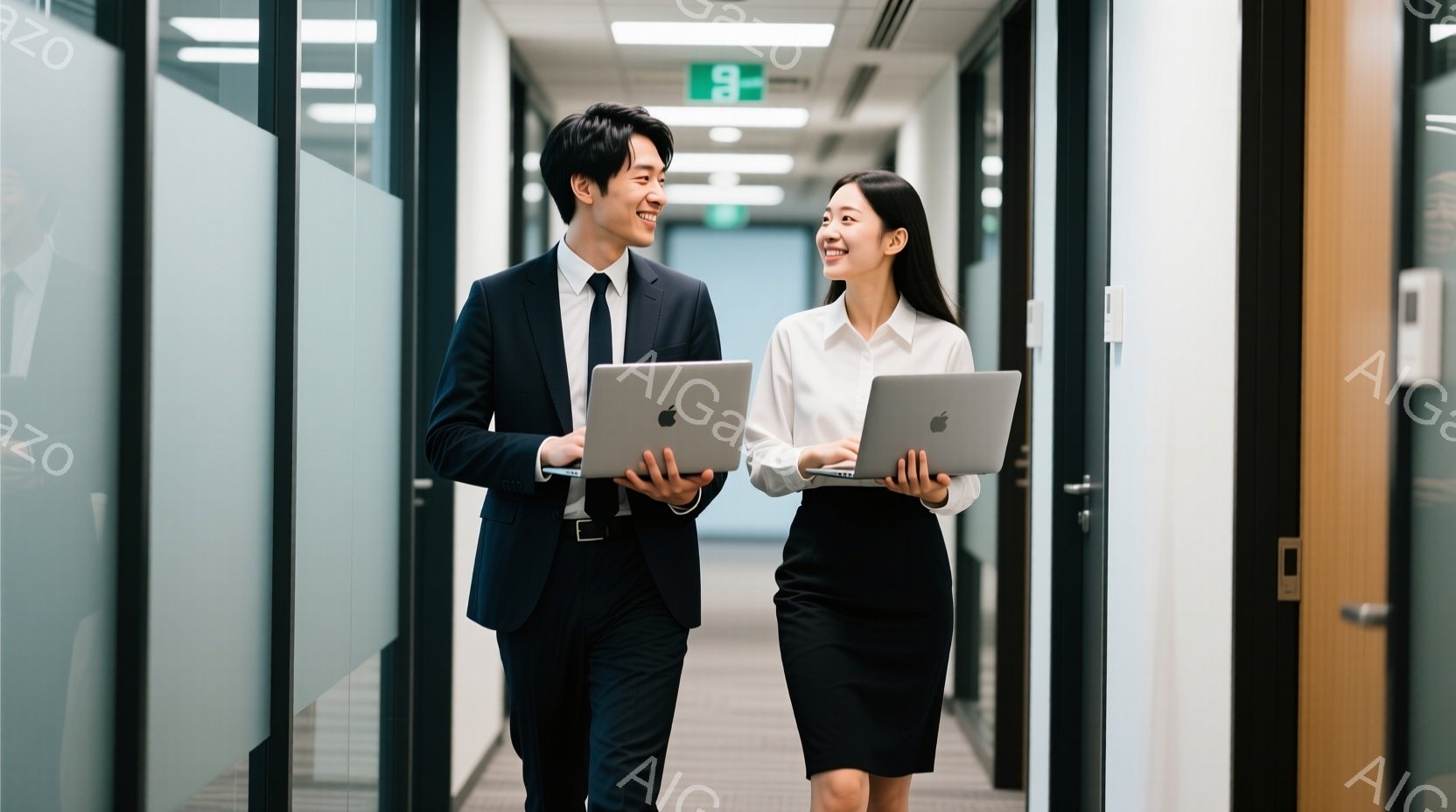 スーツ姿の男女が、オフィス内の廊下を並んで歩いている。男性は紺色のスーツにネクタイ、女性は白のブラウスに黒のスカート姿で、それぞれ手にMacBookを持っている。廊下は明るく、モダンなオフィス空間で、 - AI生成フリー素材