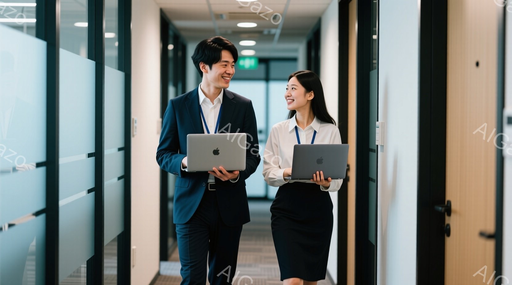 ビジネススーツを着た男女が廊下を歩いている様子が写っている。男性は濃い紺色のスーツにネクタイを着用し、女性は白いブラウスと濃い紺色のスカートに身を包んでいる。二人は笑顔で互いに向き合い、それぞれ左手にラップトップPCを持っているため、活気があり協力的な雰囲気である。
