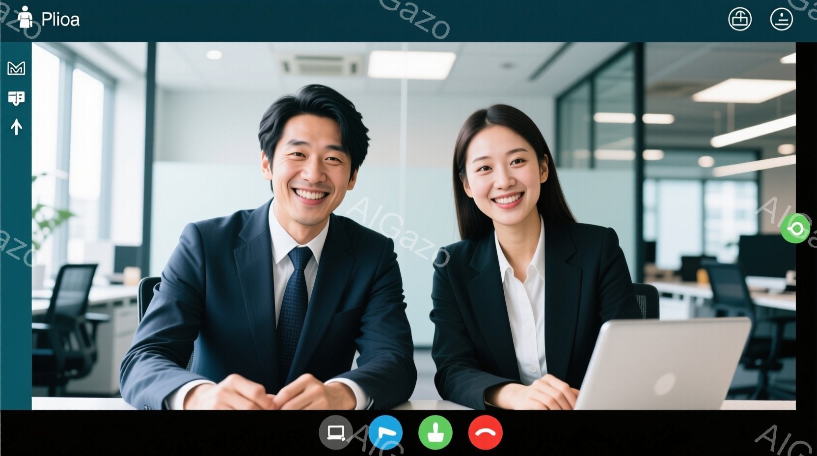 2人のビジネスパーソンが、明るいオフィスで正面を向いて座っています。男性は紺色のスーツにネクタイ、女性は同じ色のジャケットに白いシャツを着ており、どちらも笑顔で、自信に満ちた表情をしています。背景には - AI生成フリー素材