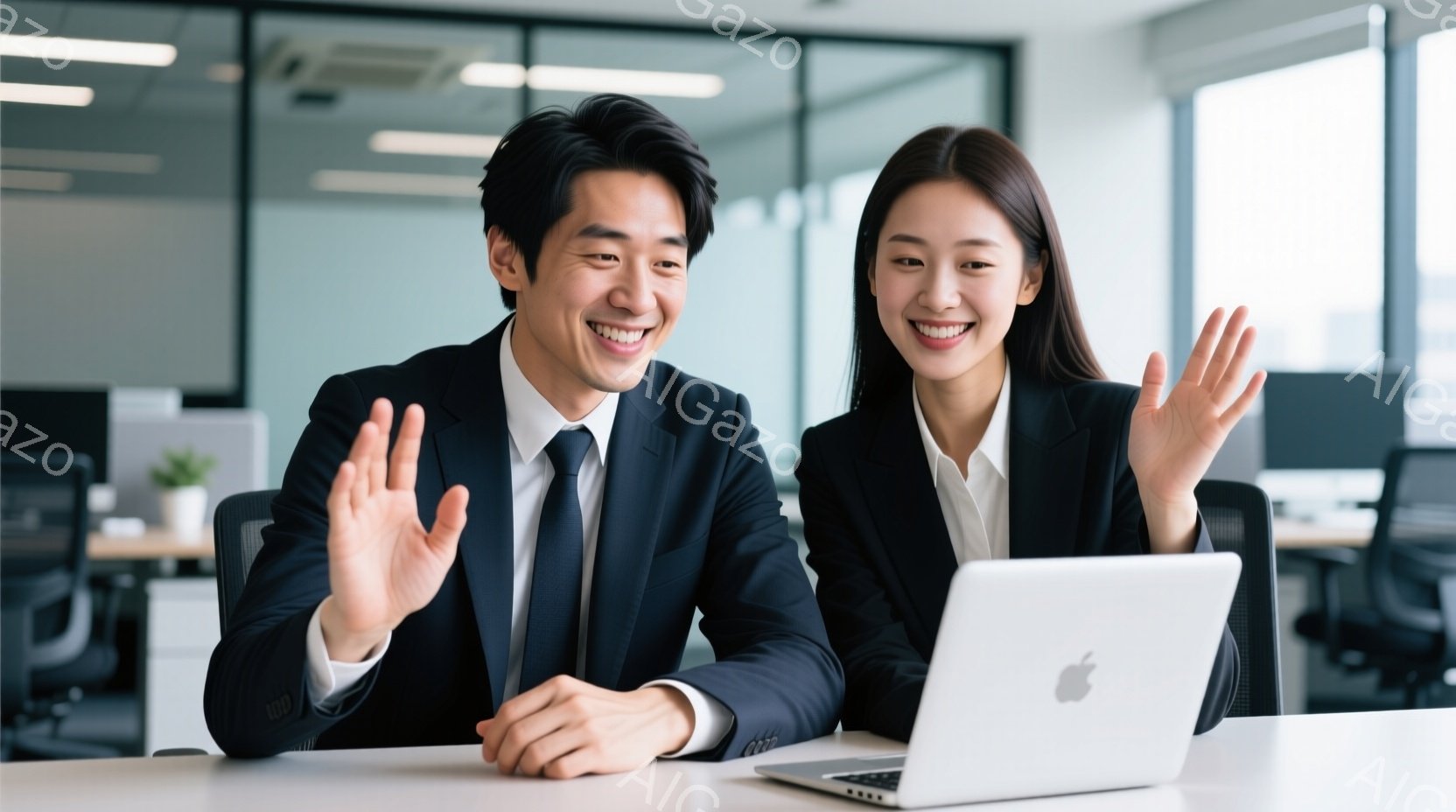 ビジネススーツを着た男女が、パソコンに向かって笑顔で手を振っています。男性はダークグレーのスーツにネクタイ、女性は白いシャツに黒のジャケットを着用し、髪型はそれぞれ短髪で整えられています。背景にはオフィスが広がっており、明るい室内と穏やかな表情から、好意的なコミュニケーションが取れている様子が伺えます。