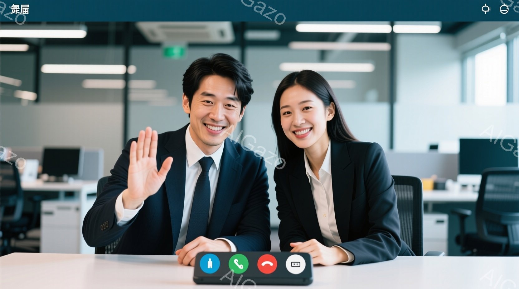 画面には、ビジネススーツを着た男性と女性が笑顔で写っています。男性は手を振っており、女性は優雅に微笑んでいます。背景にはオフィス内の様子が見え、モダンで明るい雰囲気です。