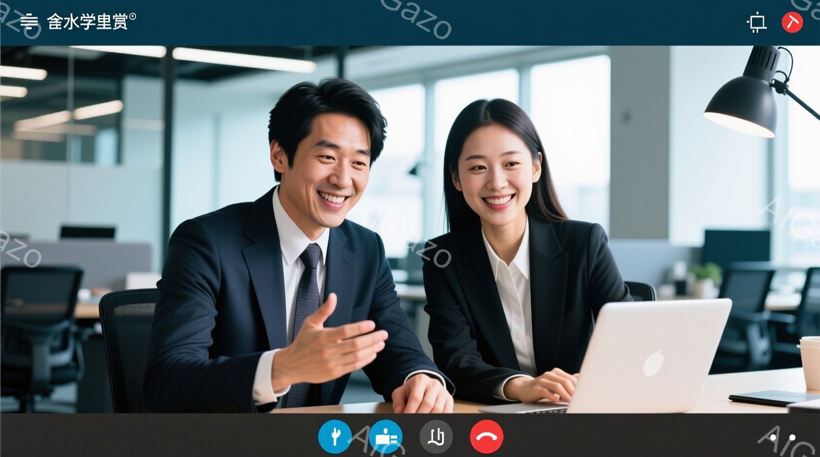 オフィスで働く若いビジネスマンとビジネスウーマンが写っています。男性は紺色のスーツにネクタイを締め、笑顔で何かを説明しているようです。女性は黒いジャケットを着て、ノートパソコンに向かい、穏やかな笑顔を - AI生成フリー素材