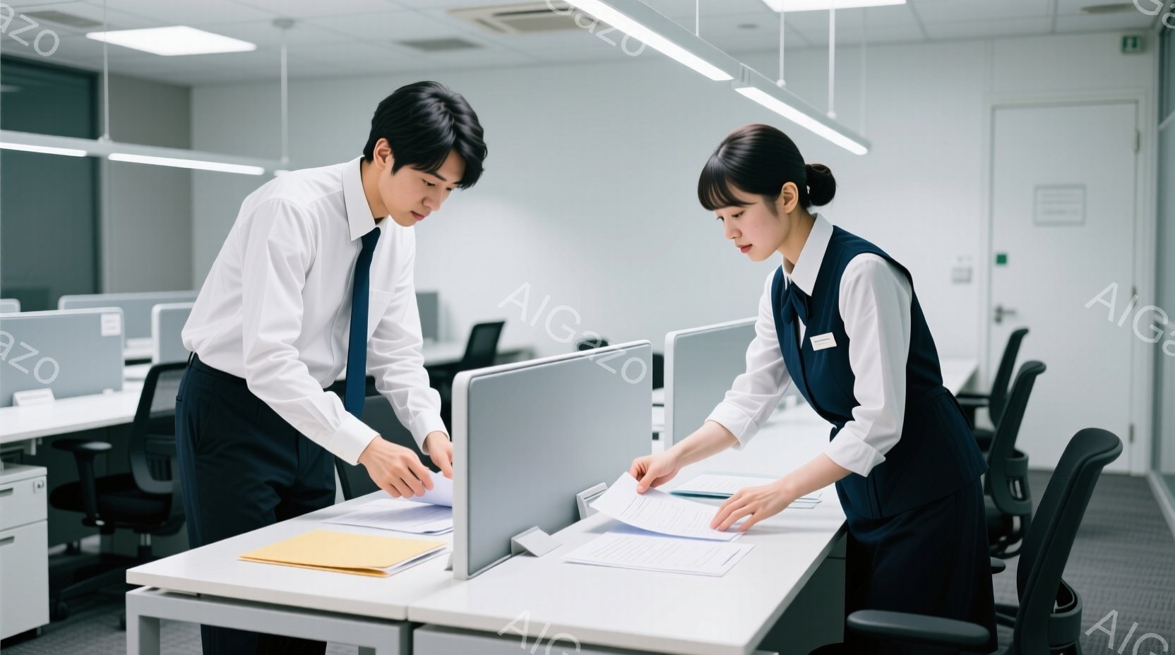 白を基調としたオフィスで、一人の男性と一人の女性が書類を手にしながらデスクを覗き込んでいます。男性は白シャツにネクタイ、女性は紺色のベストと白シャツという服装で、真剣な表情で何かを確認しているようです - AI生成フリー素材