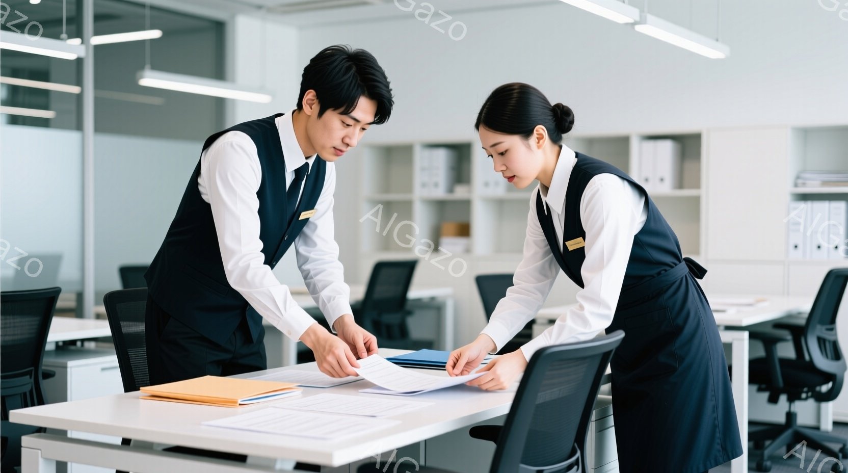 紺色のベストと白いシャツを着た男女二人が、オフィスで書類を見ながら話しています。男性は黒髪で、女性はポニーテールにしており、真剣な表情で書類を指し示しています。背景には白いデスクや棚が見え、明るく清潔なオフィス環境が広がっています。