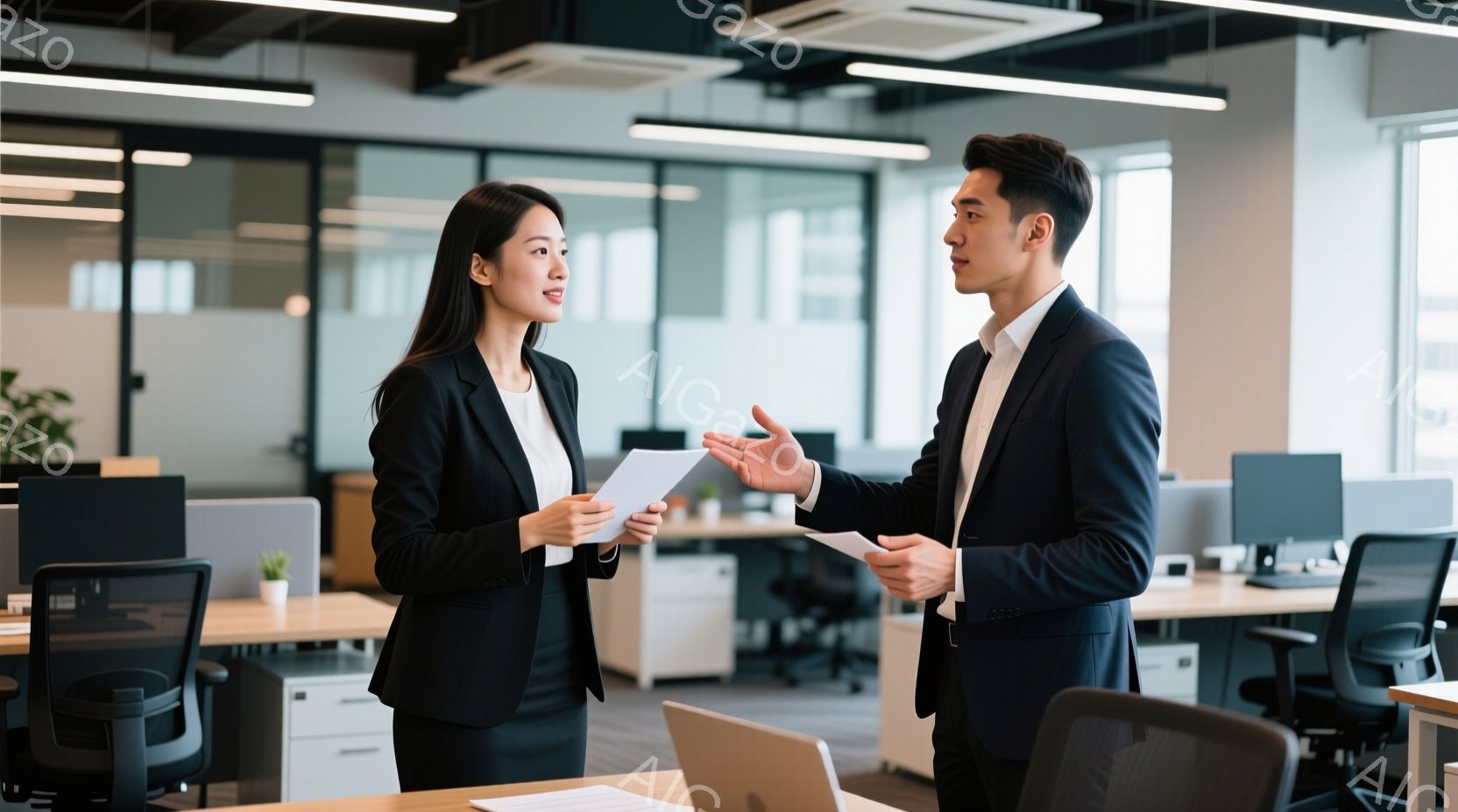 ビジネススーツを着た若い男女が、明るいオフィスで向き合って立っている。女性は黒いスーツとストレートヘアで、書類を手に微笑んでいるように見える。男性も黒いスーツを着て、何かを説明しているような仕草で、両 - AI生成フリー素材