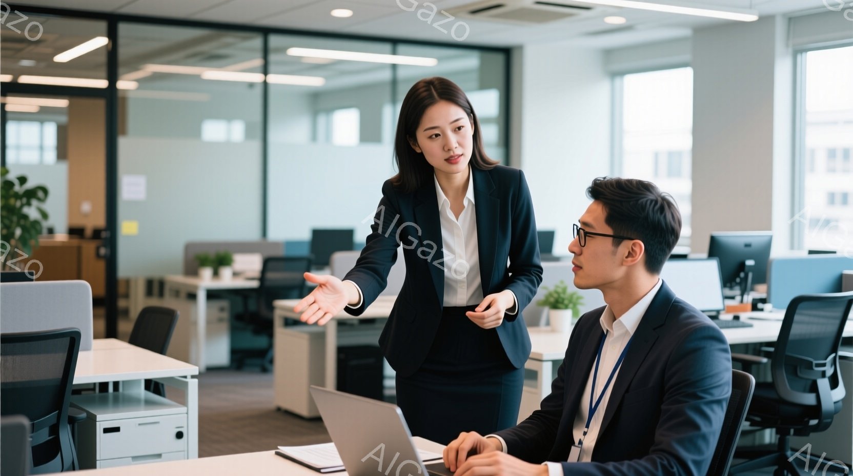 紺色のジャケットに白いシャツを着た女性が、パソコンに向かって座っている男性に何かを説明している様子です。女性は両手を広げてジェスチャーを交えながら話しており、男性は彼女の話に真剣に耳を傾けています。背景にはオフィス内のデスクや植物が見え、明るく清潔感のある雰囲気です。