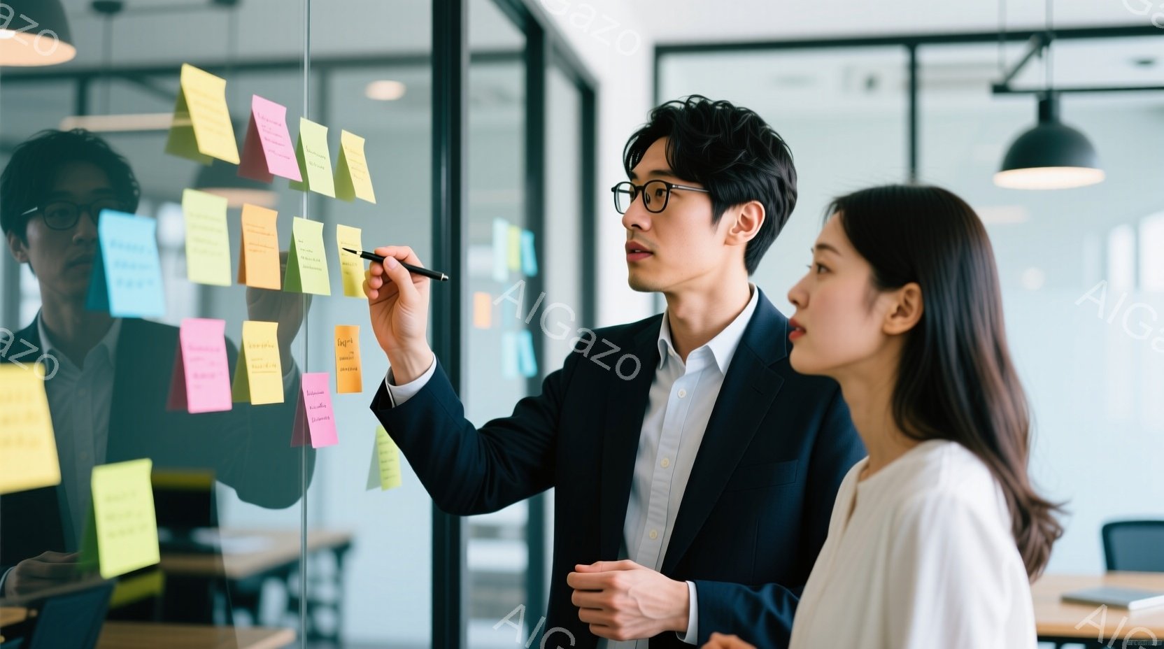 オフィス内で、男性が会社のプロジェクトを計画するためにパッド上にメモを書き、女性が彼と共に集中しているシーンが描かれています。両者はビジネスカジュアルを着用し、表情は集中しているように見えます。背景は現代的なオフィス空間で、壁には他の社員が作業を行っているために照明があります。様々な色のメモがテーブル上に集中しており、雰囲気は徹底的でプロフェッショナルな感覚があります。