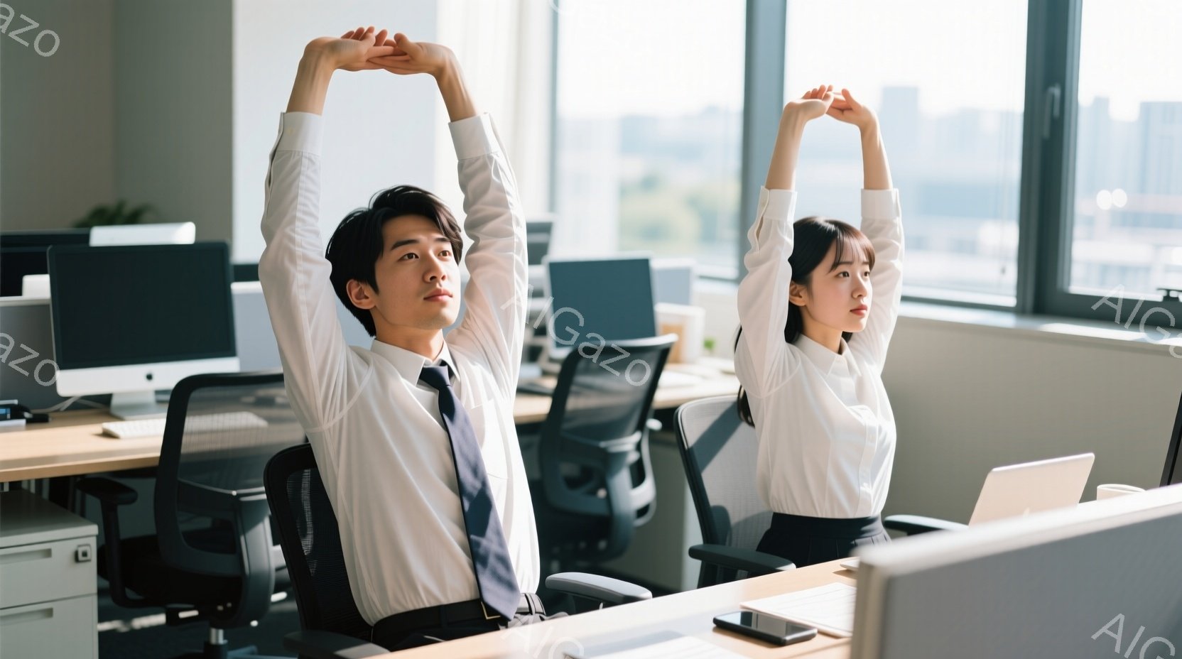 オフィスで働く若い男女が、椅子に座ったまま両手を上げてストレッチをしている様子が写っている。男性は白いシャツにネクタイ、女性は白いブラウスを着用し、両者とも真剣な表情で、オフィス内のデスクとコンピューターが背景に見える。窓の外には高層ビル群が広がり、晴天の下、都会的な風景が広がっている。
