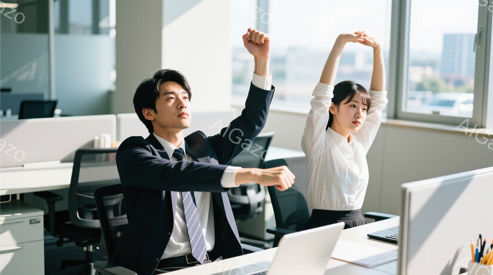 オフィス内でのシーンを表しており、男性と女性が仕事中に運動を行っているようです。男性は強く手を握り、笑顔で自信を表現しています。女性は柔軟なポーズで前向きの姿勢をとっており、柔軟性や健康に関心があることを示しています。背景はオフィス環境で、日本語のメッセージが表示されています。全体的な雰囲気は活力あふれるものになり、健康や仕事と生活のバランスについて検討しようというメッセージを伝えるかもしれません。