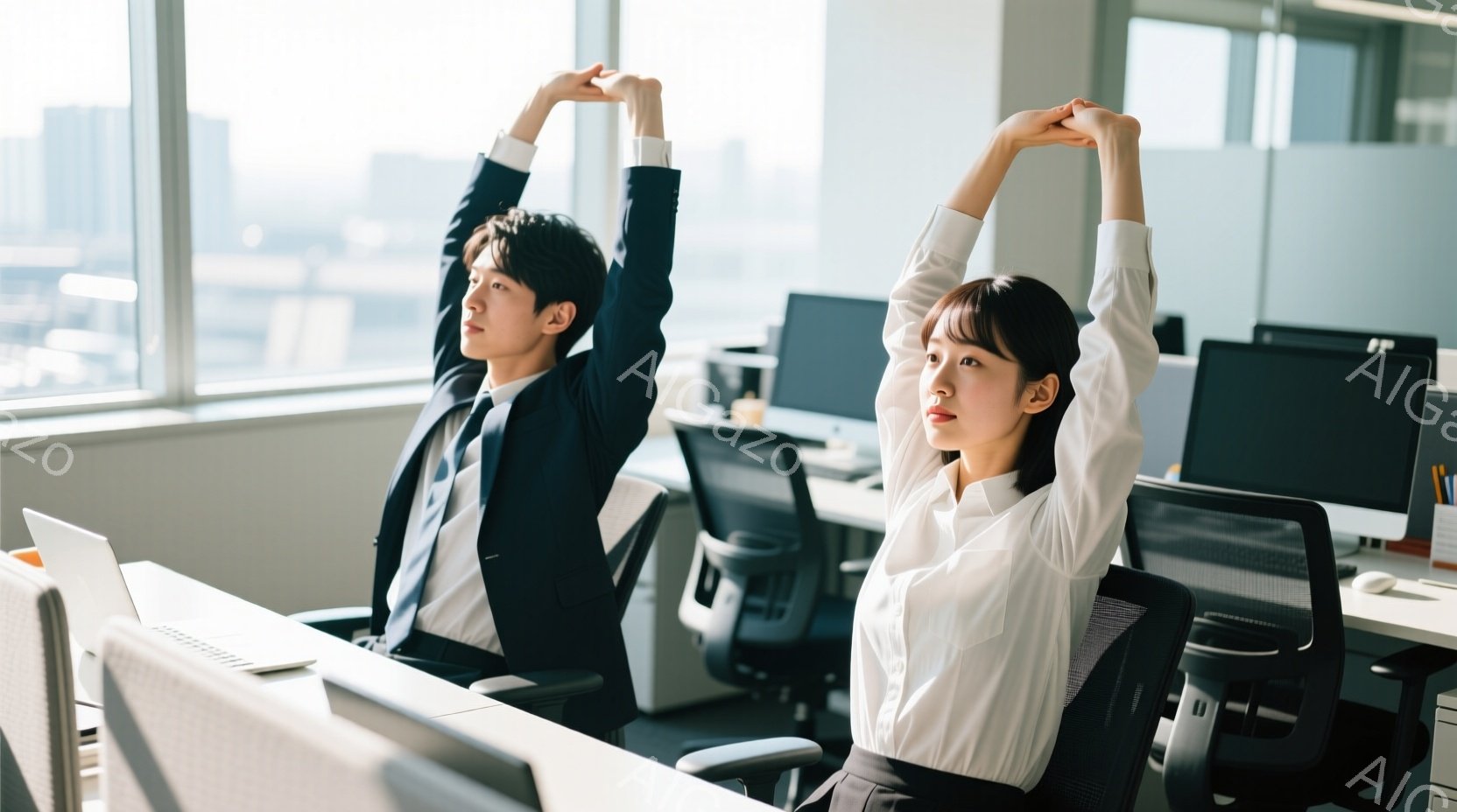 オフィスで男女のビジネスパーソンがストレッチをしている様子が写っています。男性は紺色のスーツにネクタイを締め、女性は白いシャツに黒いスカートを着用しており、共に椅子に座りながら腕を上げて体を伸ばしています。背景には高層ビルが見え、晴れた日差しが差し込み、明るく開放的な雰囲気です。