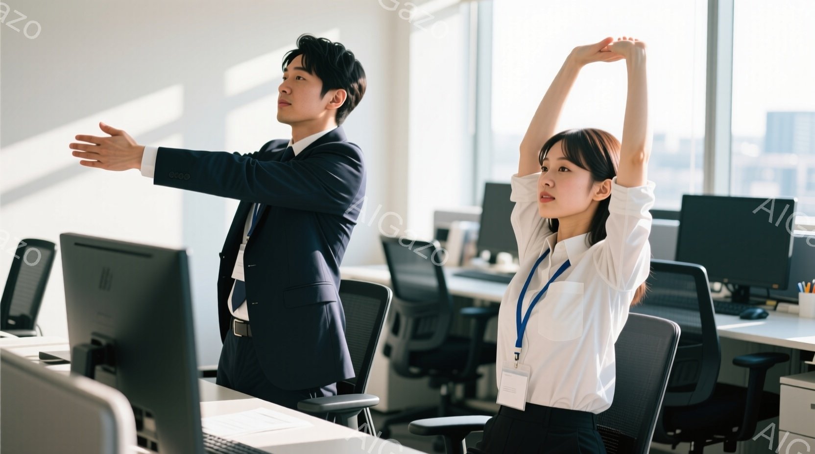 オフィスで、一人の男性と一人の女性が写っている。男性は濃い青のスーツを着ており、片手を前に伸ばして何かを説明しているような姿勢である。女性は白いシャツと黒いスカートを着ており、両手を上げてストレッチをしている。