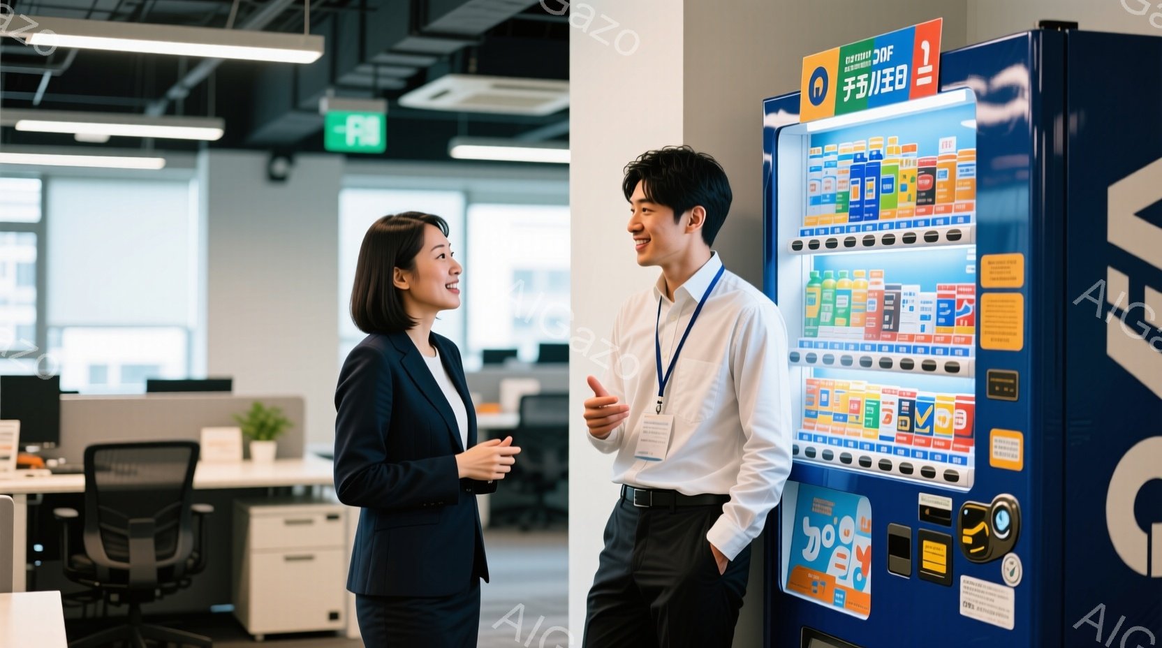 オフィス内で女性と男性が立っており、女性は紺色のジャケットと白いシャツを着て、男性は白いシャツにネクタイを締めています。女性は笑顔で軽く右手を挙げ、男性は何かを説明しているようにジェスチャーをしながら - AI生成フリー素材