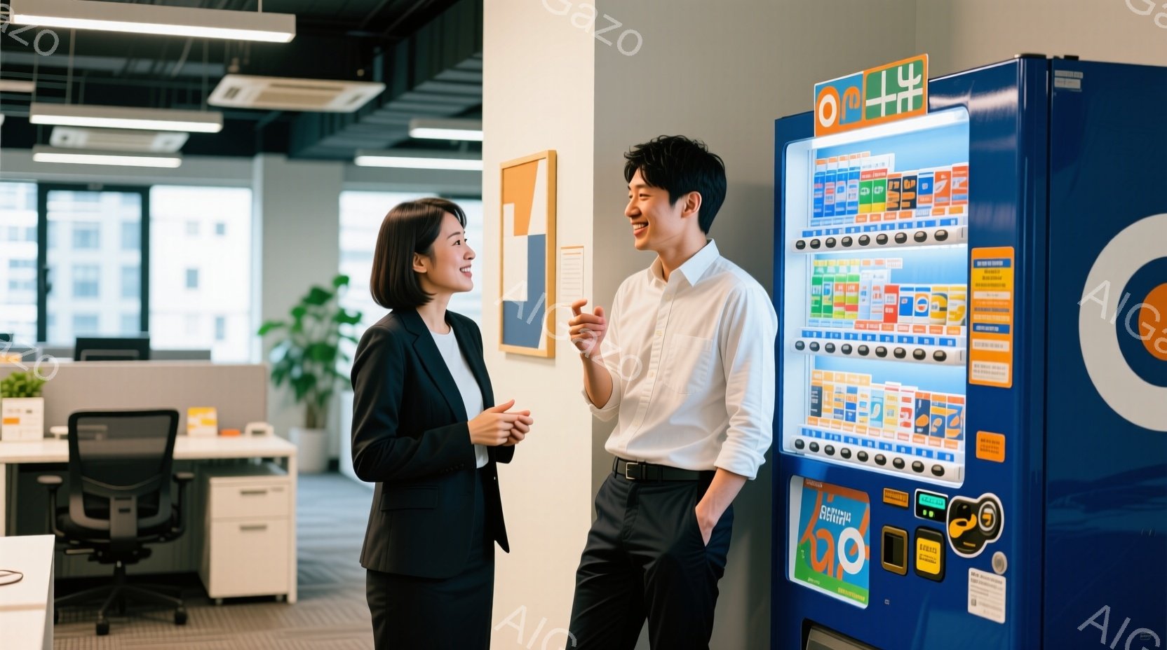 オフィス内にいる若い女性と男性が、自動販売機の前で会話を楽しんでいる様子が写っている。女性は黒いジャケットと白いシャツを着ており、髪は肩にかかる長さで、笑顔を見せている。男性は白いシャツを着ており、片手をポケットに入れ、リラックスした姿勢で女性と話している。