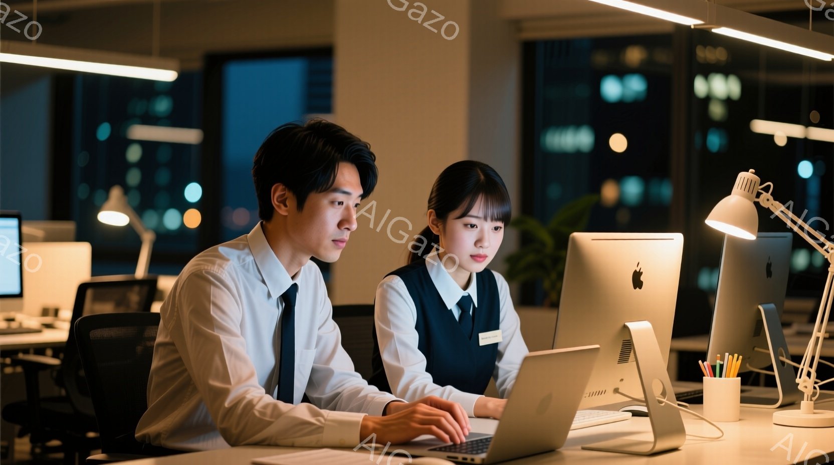 室内で、若い男性と女性がデスクに向かい、パソコン作業をしている様子が写っている。男性は白いシャツにネクタイ、女性は濃い青色のベストと白いシャツを着ており、真剣な表情で画面を見つめている。背景には他のデ - AI生成フリー素材