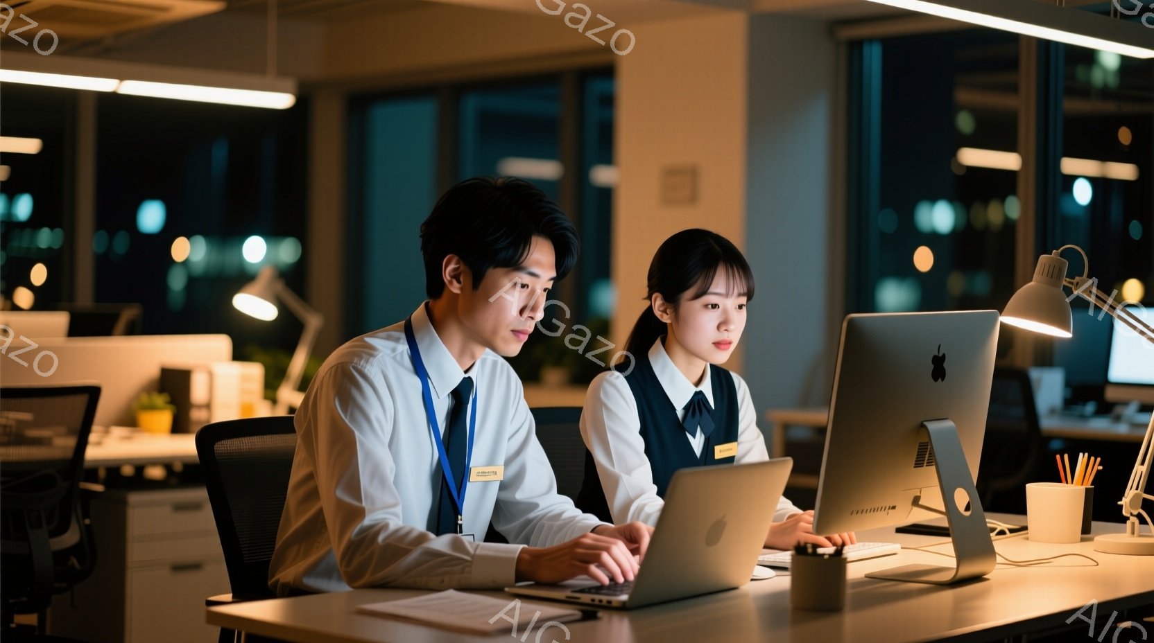 室内には、若い男女のビジネスパーソンが並んで座り、パソコンに向かっています。男性は白いシャツにネクタイ、女性は濃い青色のベストを着用し、それぞれIDカードを首から下げています。背景にはオフィス全体が広 - AI生成フリー素材