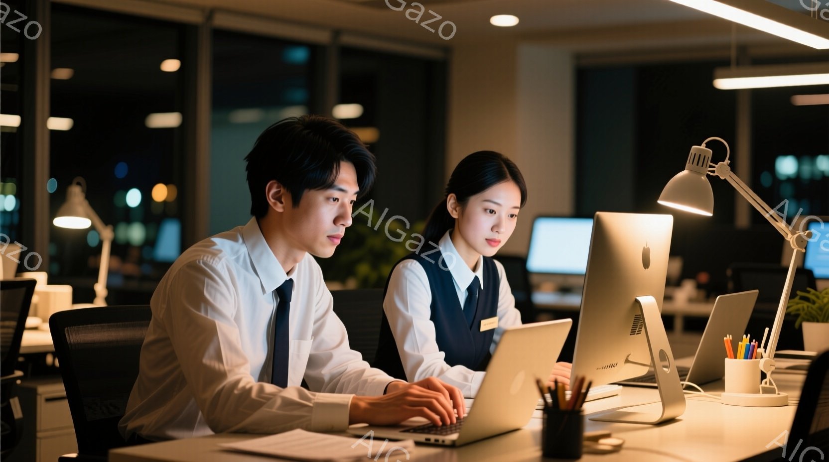 職場と思われるオフィスで、若いビジネスマンと女性がパソコンに向かっています。ビジネスマンは白いシャツにネクタイ、女性は黒いジャケットと白いシャツ姿で、真剣な表情で作業に集中しています。背景には他のデス - AI生成フリー素材