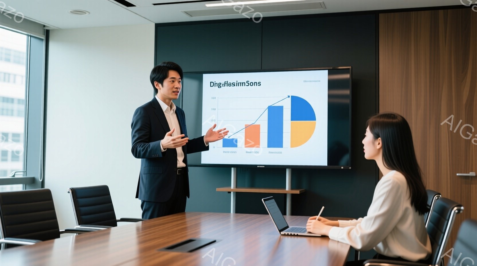 会議室で、一人の男性がプレゼンテーションを行っています。彼はダークスーツにネクタイ姿で、片手を上げながら何かを説明しているようです。背後にはグラフが表示された大きなスクリーンがあり、参加者がノートパソコンに向かって座っています。