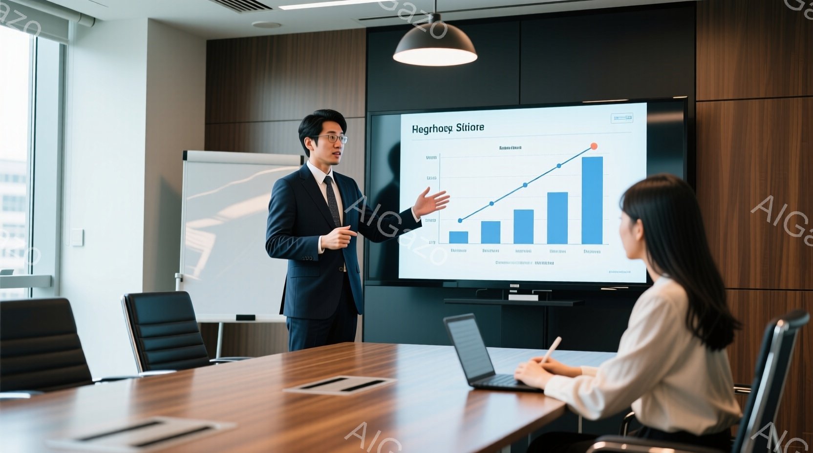 紺色のスーツにネクタイを締めた男性が、会議室でプレゼンテーションをしている様子が写っている。彼は画面に表示されたグラフを指し示し、真剣な表情で説明している。会議室はモダンで落ち着いた雰囲気で、出席者はノートパソコンに向かって熱心に話を聞いている。