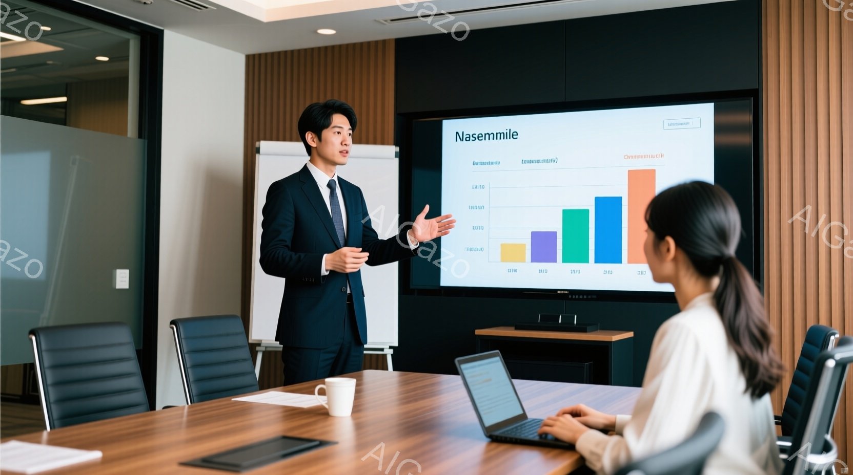 男性のビジネスマンは、紺色のスーツを着用し、髪型は短く整えられています。彼はプレゼンテーションを行い、手を広げて何かを説明しているようです。背景には、グラフが表示された大きな画面と、会議テーブル、そして参加者がいる会議室が見えます。