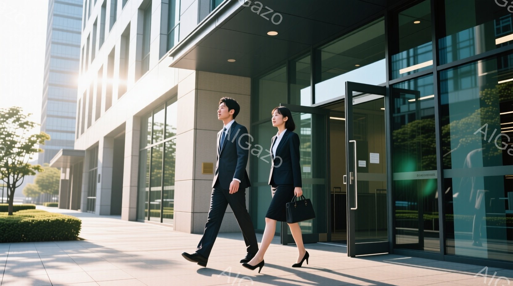 ビジネスウーマンとビジネスマンが、近代的な高層ビルのエントランスの前を歩いている。彼らはそれぞれダークスーツと黒い靴を履いており、フォーマルな服装で、自信に満ちた表情をしている。背景には緑豊かな植栽と - AI生成フリー素材