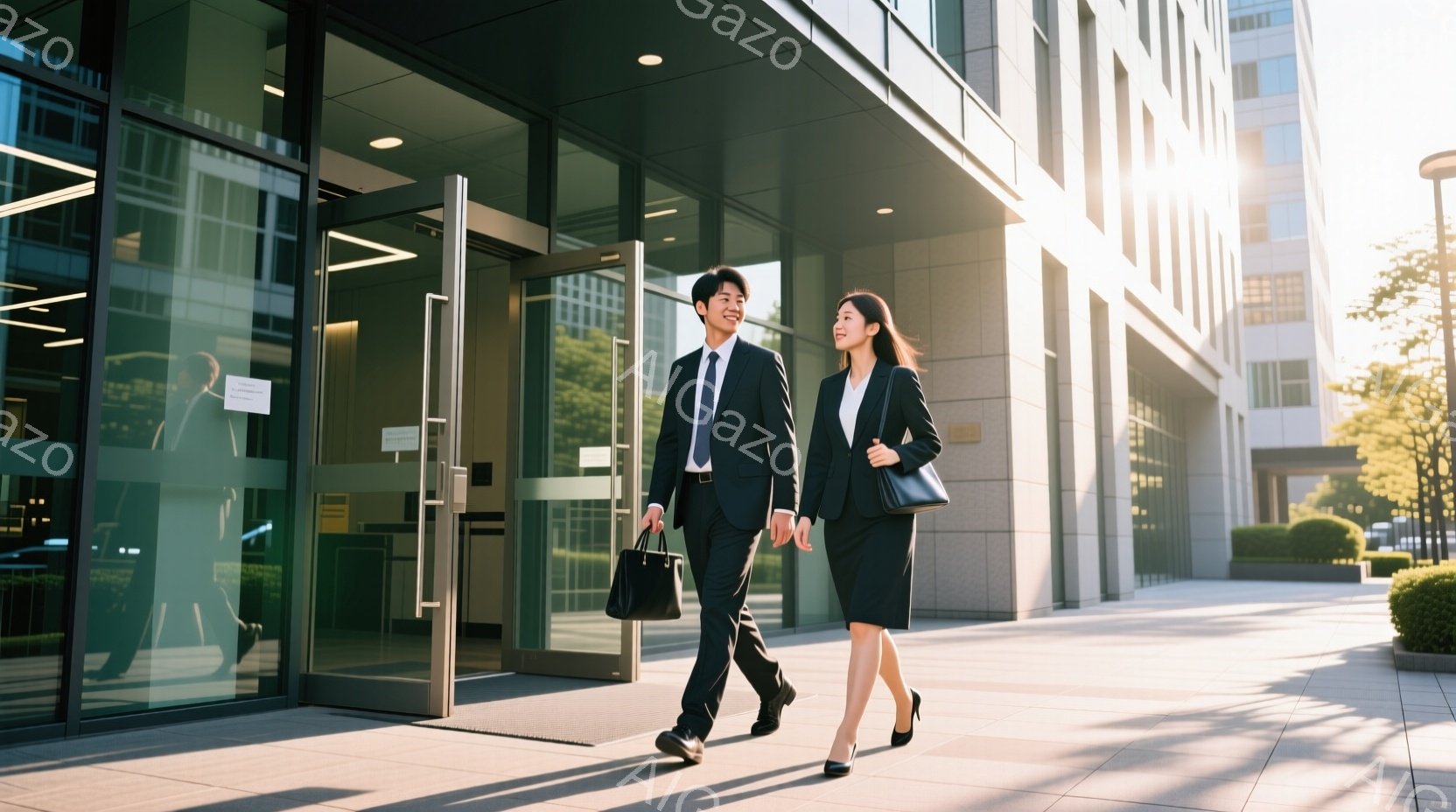 ビジネススーツを着た若い男女が、ガラス張りのビルの入り口から歩き出している様子が写っている。男性は黒いスーツにネクタイを締め、女性は黒いスーツにスカートを合わせ、ハンドバッグを肩にかけている。晴れた日の光が差し込み、周囲の緑と近代的な建物が明るく照らされ、活気のあるビジネスシーンを思わせる。