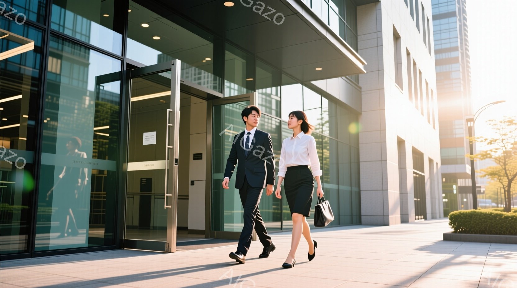 スーツを着た男女が、ガラス張りのビルの入り口から外へ歩いて出てくる様子が写っている。男性は黒いスーツに白いシャツで、女性は黒いスカートスーツに白いブラウスを着用しており、共にビジネスシーンに適した服装 - AI生成フリー素材