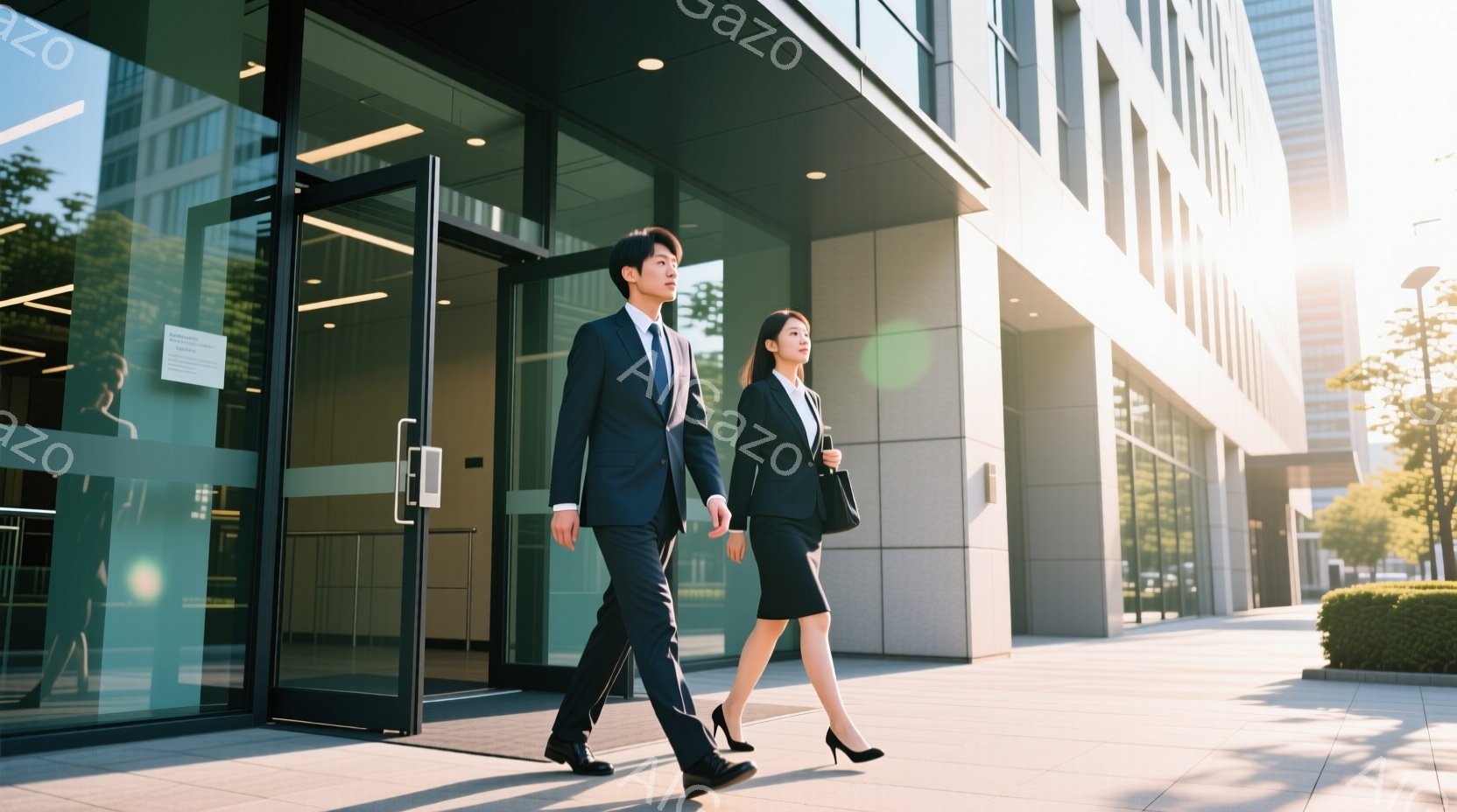ビジネススーツを着た若い男女が、ガラス張りの近代的なビルの入り口から歩き出している様子が捉えられています。男性は濃いブルーのスーツにネクタイ、女性は黒いスーツに黒いパンプスを履き、ともに真剣な表情で前を見据えています。背景には晴天の下、整然と手入れされた低木と高層ビルが見え、全体的に洗練されたプロフェッショナルな雰囲気が漂っています。