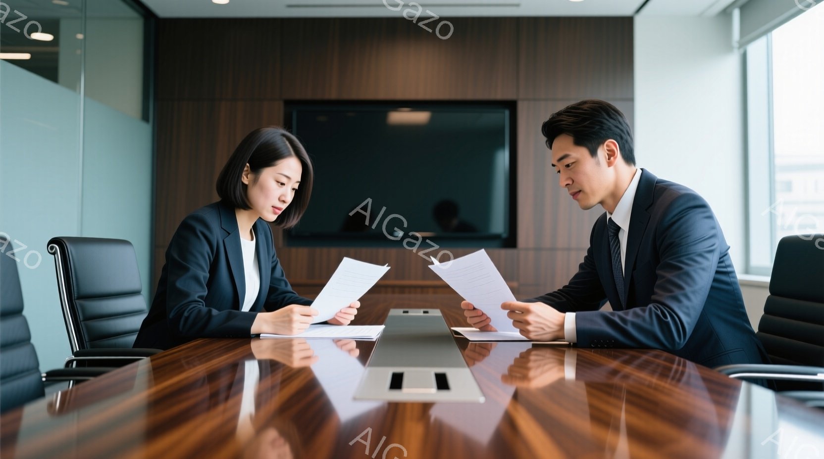 二人のビジネスパーソンが、磨かれた木製のテーブルを挟んで向かい合って座り、それぞれ書類を読んでいる。女性は黒髪を肩にかかり、真剣な表情で書類を見つめ、男性はダークスーツを着て、少し顔を下げて内容を確認している。背景には薄暗いグレーの壁と、ぼんやりと見えるオフィス空間があり、全体的に落ち着いた雰囲気で、ビジネス会議や重要な書類の検討が行われている様子が窺える。