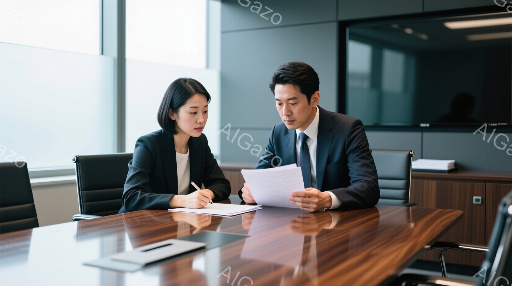 ビジネスウーマンとビジネスマンが、磨かれた木製の会議テーブルを挟んで向き合っています。女性は黒いスーツを着て髪を後ろにまとめ、何かをメモしているようです。男性は紺色のスーツを着て書類を見つめており、真剣な表情をしています。