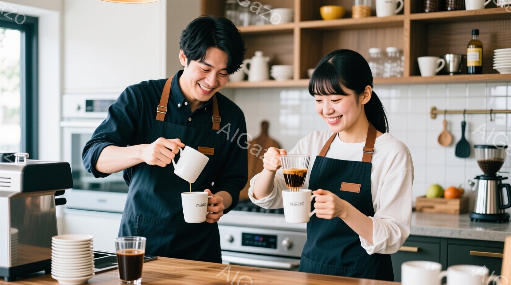 コーヒーショップでのラテアートを提供するカップルの写真です。男性と女性の2人が、笑顔で菊花の形を作り出しています。彼らは共に職人として働き、それぞれバレッタ・アプリケーションを着用しています。カウンターでの作業が行われており、周囲にはコーヒー機器や飲み物のコーヒーカップがあります。