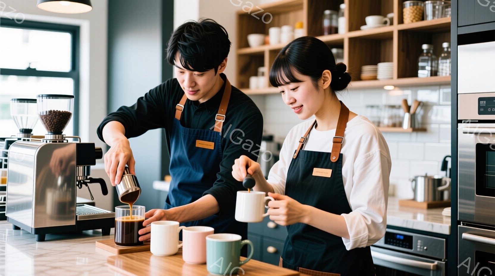 二人のバリスタがコーヒーを淹れている様子が写っています。男性は黒いシャツにエプロンを着け、短髪で真剣な表情でコーヒーをカップに注いでいます。女性は白い長袖シャツにエプロンをつけ、笑顔で別のカップにコーヒーを注ぎ、背景にはコーヒーメーカーや棚、調理器具が並び、明るく清潔なカフェの雰囲気が漂っています。