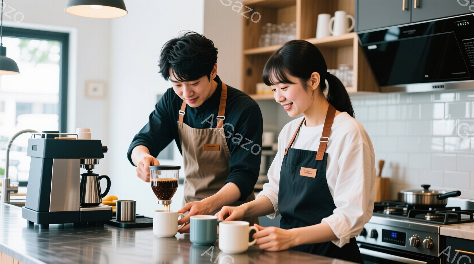 厨房で若い男女がコーヒーを淹れている様子が写っている。男性は黒いエプロンと黒いセーターを着ており、髪は短く整えられている。女性はベージュ色の長袖シャツと黒いエプロンを着て髪をポニーテールにしており、笑顔でコーヒーカップを受け取ろうとしている。