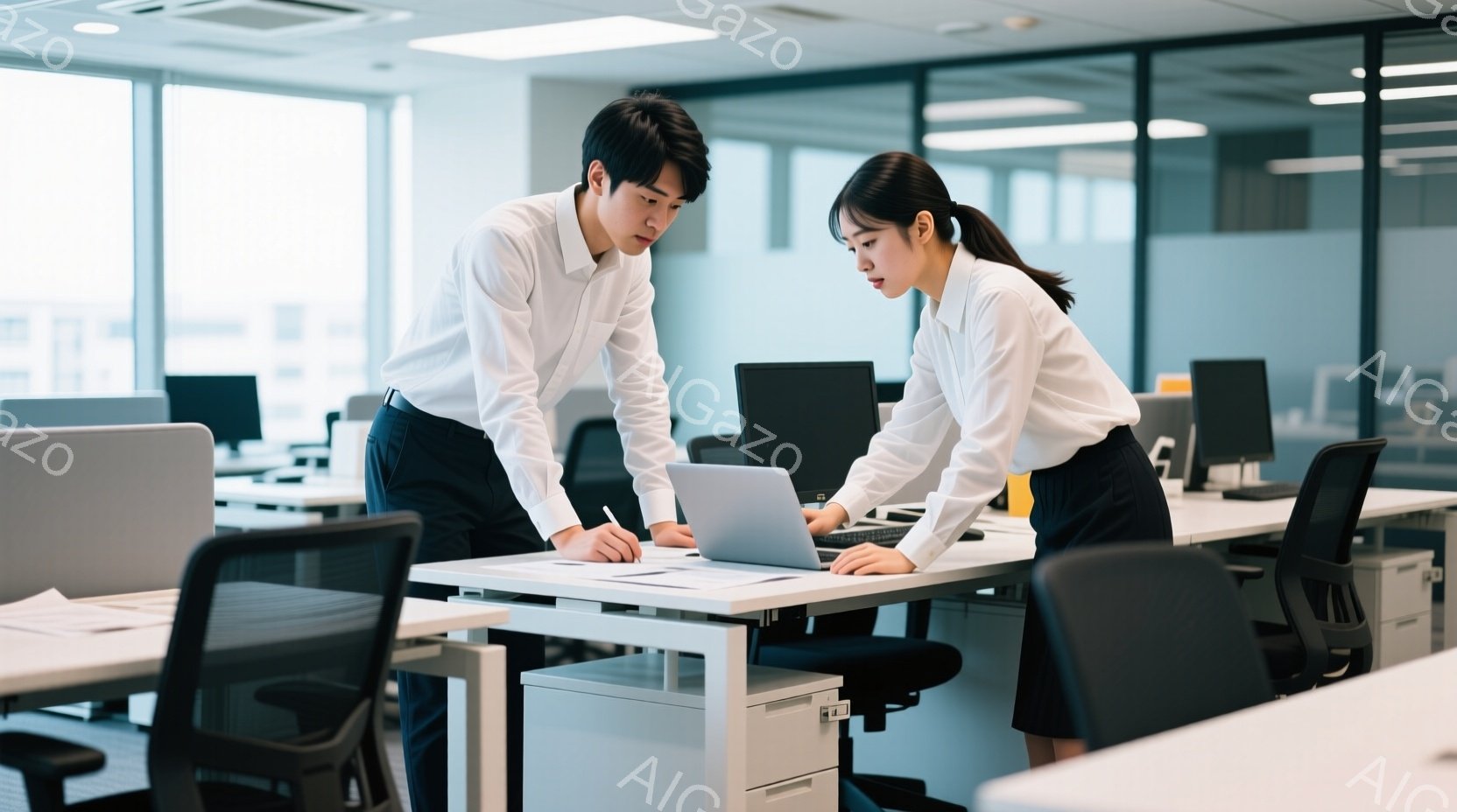 男性と女性がオフィス内で働いている。男性は白のドレスシャツを着ており、女性は同様に白のドレスシャツを着ている。両者ともポストや机に座って作業している。オフィスは空間が広く、明るく、現代的なインテリアで構成されている。雰囲気は職場での日常の印象を持つ。