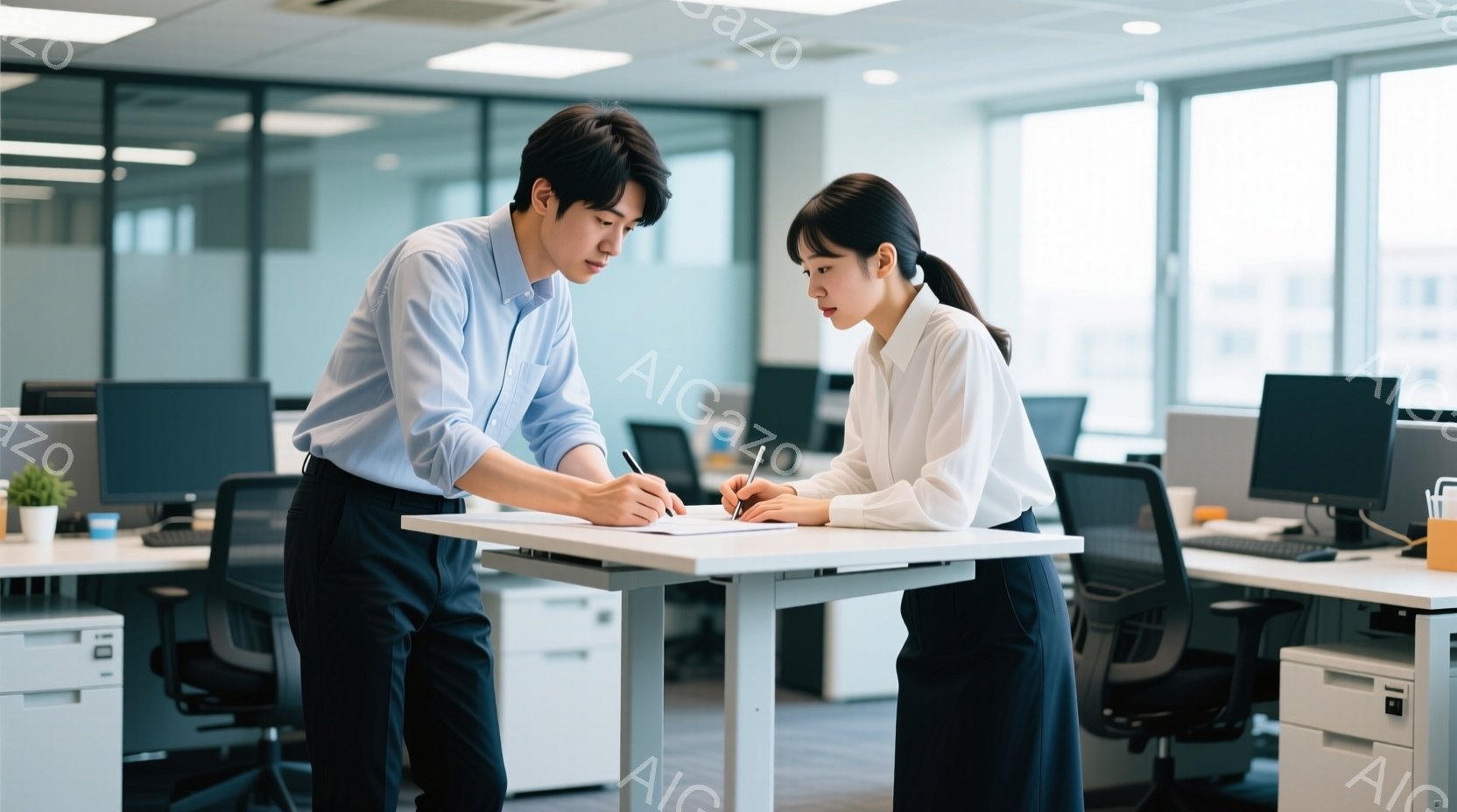 オフィス内で、一人の男性と女性が書類を前にして立っている。男性は薄い青色のシャツに黒いズボンを着用し、女性は白いシャツに黒いスカートを合わせている。二人は少し身を乗り出し、書類を指したりペンで書き込んだりしながら、真剣な表情で何かを話し合っているようだ。