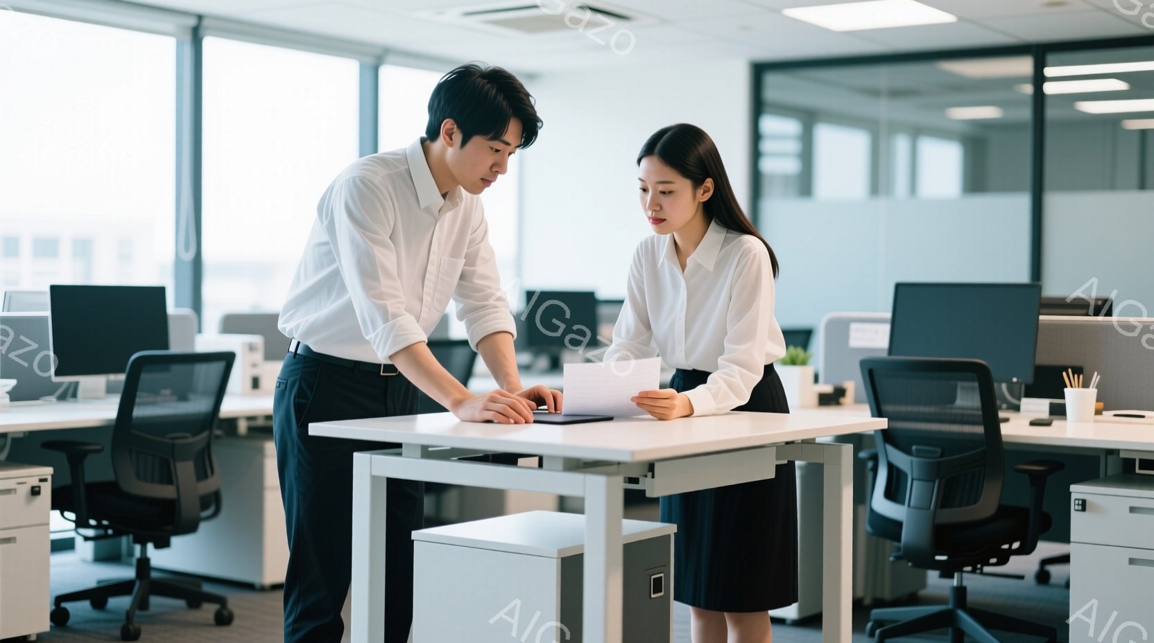 オフィスで、一人の男性と一人の女性が立って書類を見ている。男性は黒いズボンと白いシャツを着ており、女性は紺色のスカートと白いブラウスを着ている。彼らは机に身を乗り出し、書類を指しながら真剣に話し合っている様子で、オフィス全体は明るく、整理整頓されている。