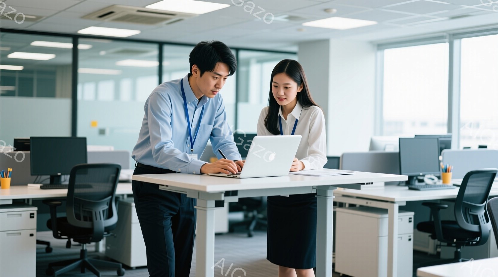 オフィスで、一人の男性と一人の女性がノートパソコンを囲んで立っている。男性は青いシャツに黒いズボン、女性は白いシャツに黒いスカートを着用しており、それぞれ身につけているIDカードが確認できる。オフィスは明るく、現代的な内装で、集中して仕事に取り組んでいる様子が窺える。