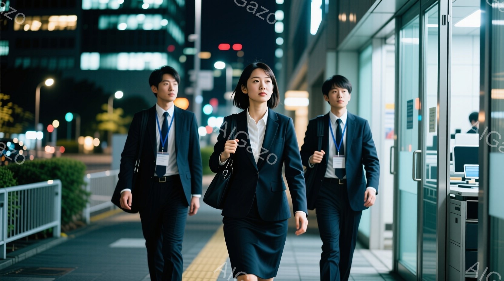 三人のビジネスパーソンが夜の街を歩いている。彼らは皆、黒いスーツに白いシャツ、ネクタイ、そして身分証のようなものを首から下げている。表情は真剣で、前方を向いて歩いている様子から、仕事終わりや重要な会議 - AI生成フリー素材