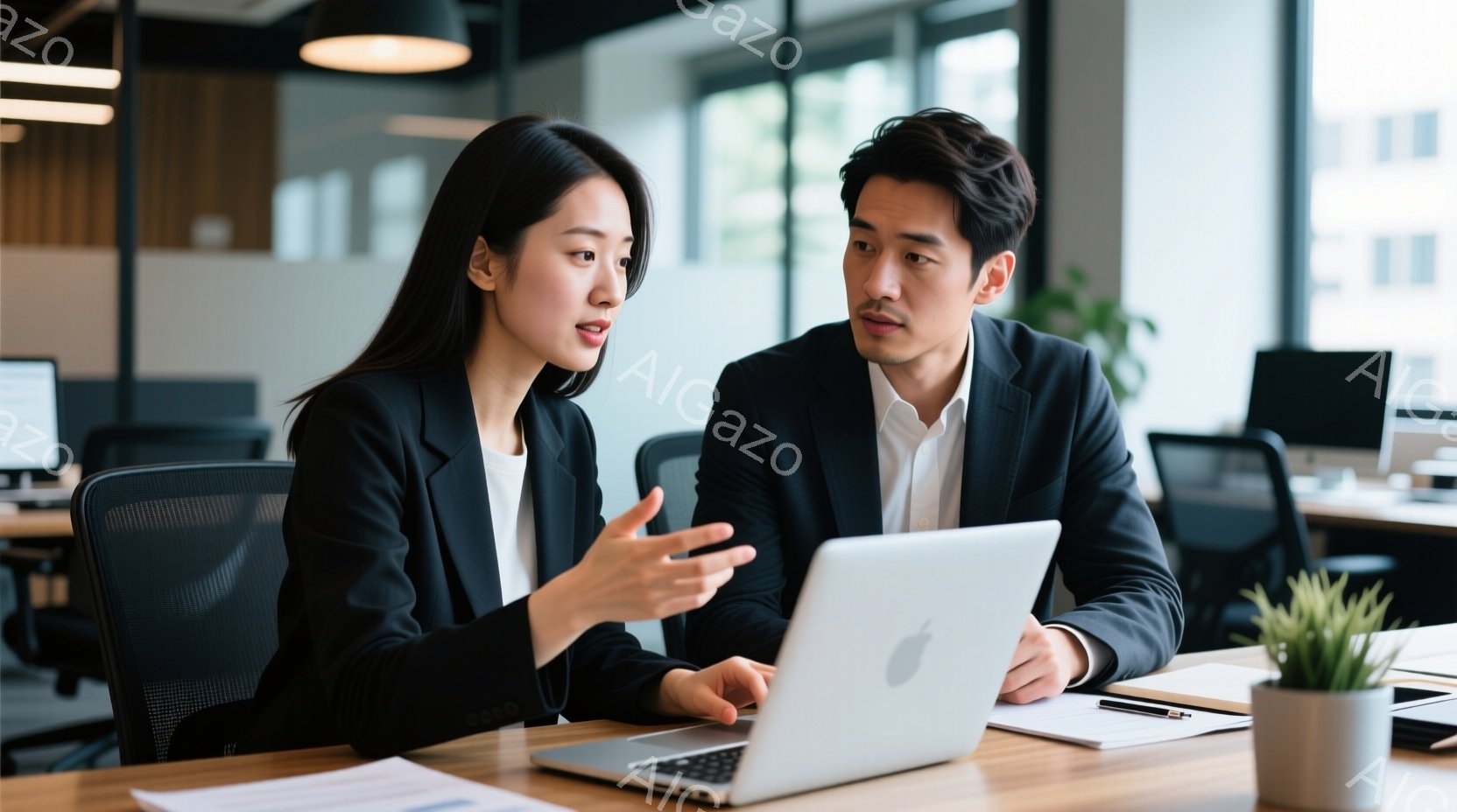 職場と思われるオフィスで、一人の女性と一人の男性がノートパソコンを囲んで座っています。女性は黒いジャケットを着ており、髪は長くストレートで、何かを説明するように手を広げています。男性はスーツを着ており - AI生成フリー素材