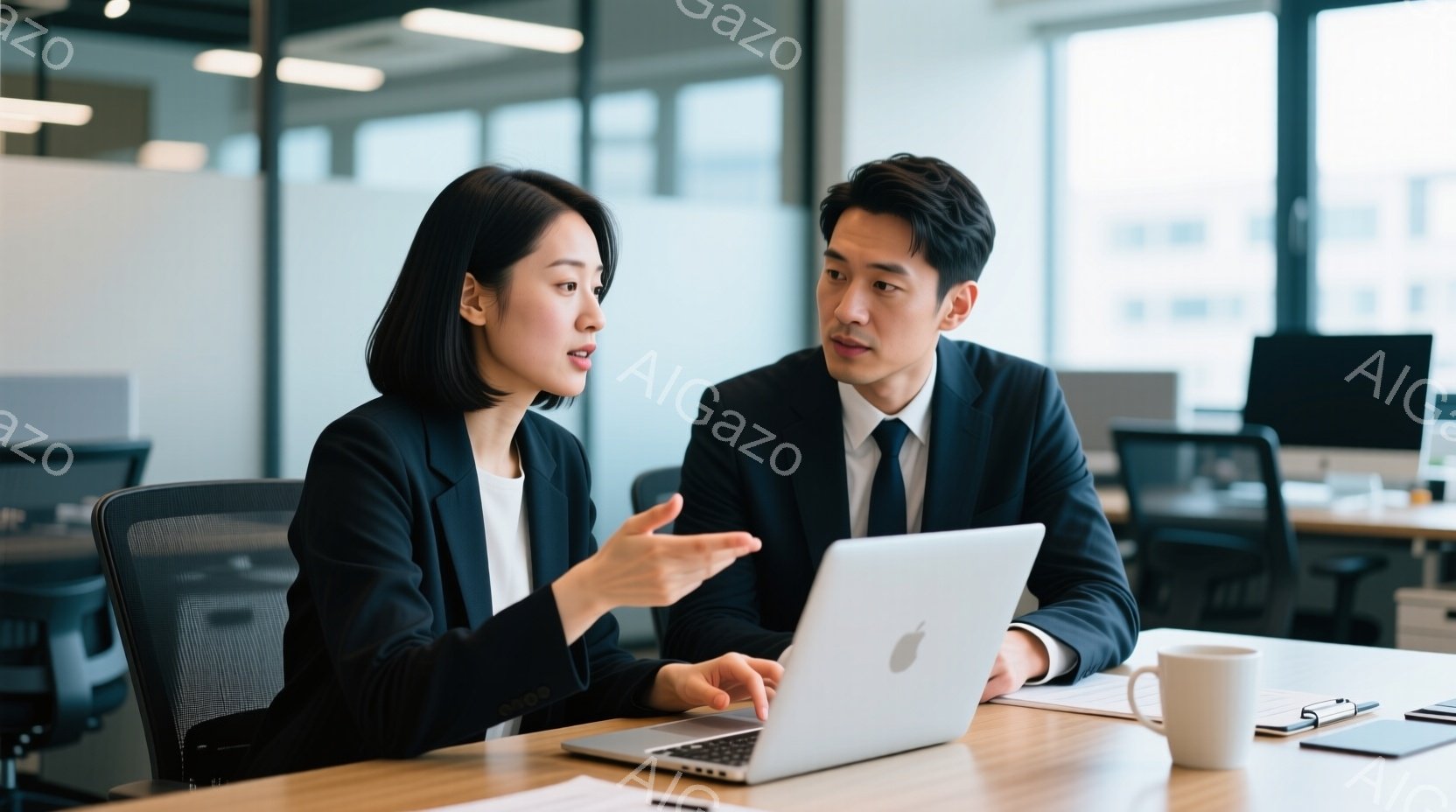 ビジネスウーマンとビジネスマンが、明るいオフィスでノートパソコンを囲んで会話しています。女性は黒いジャケットと白いブラウスを着ており、髪を後ろにまとめ、熱心に何かを説明しているようです。男性は紺色のスーツにネクタイを締め、真剣な表情で女性の話を聞いています。