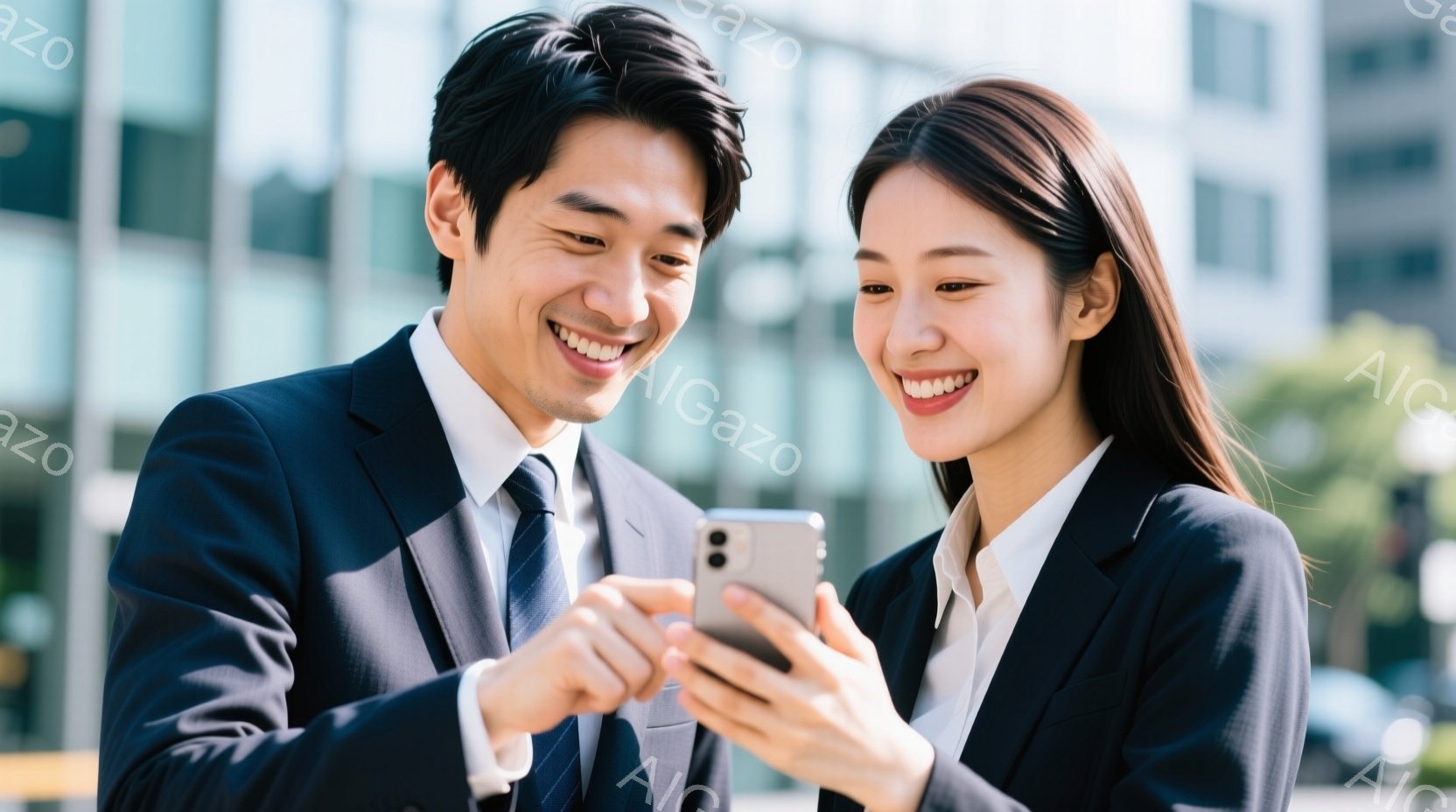 ビジネススーツを着た若い男女がスマートフォンを覗き込んでいます。男性は左手でスマートフォンを、女性は右手でスマートフォンを指しており、笑顔で楽しそうに何かを見ている様子です。背景には近代的な建物が見え - AI生成フリー素材