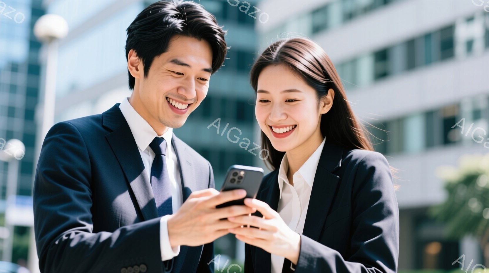 紺色のスーツにネクタイを締め、笑顔を見せる男性と女性がスマートフォンを覗き込んでいます。女性は明るい笑顔で、男性も楽しそうに画面を見ており、二人ともビジネスシーンを連想させる服装をしています。背景には近代的な建物が見え、晴天の下、爽やかな雰囲気を感じさせます。