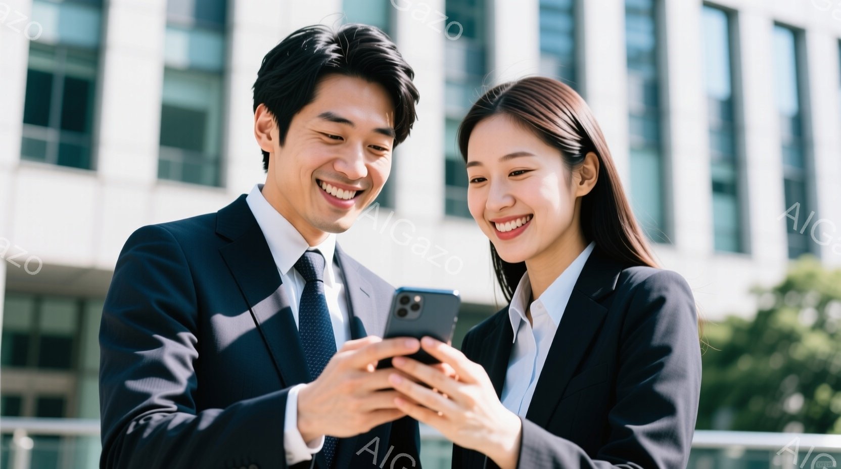 二人のビジネスマンとビジネスウーマンがスマートフォンを覗き込んで笑顔を浮かべている。彼らは紺色のスーツに白いシャツとネクタイ、またはシンプルなブラウスを着ており、ヘアスタイルはそれぞれ短髪で整っている。背景には近代的な建物が並び、晴天の下、ビジネスシーンを連想させる明るく活気のある雰囲気である。